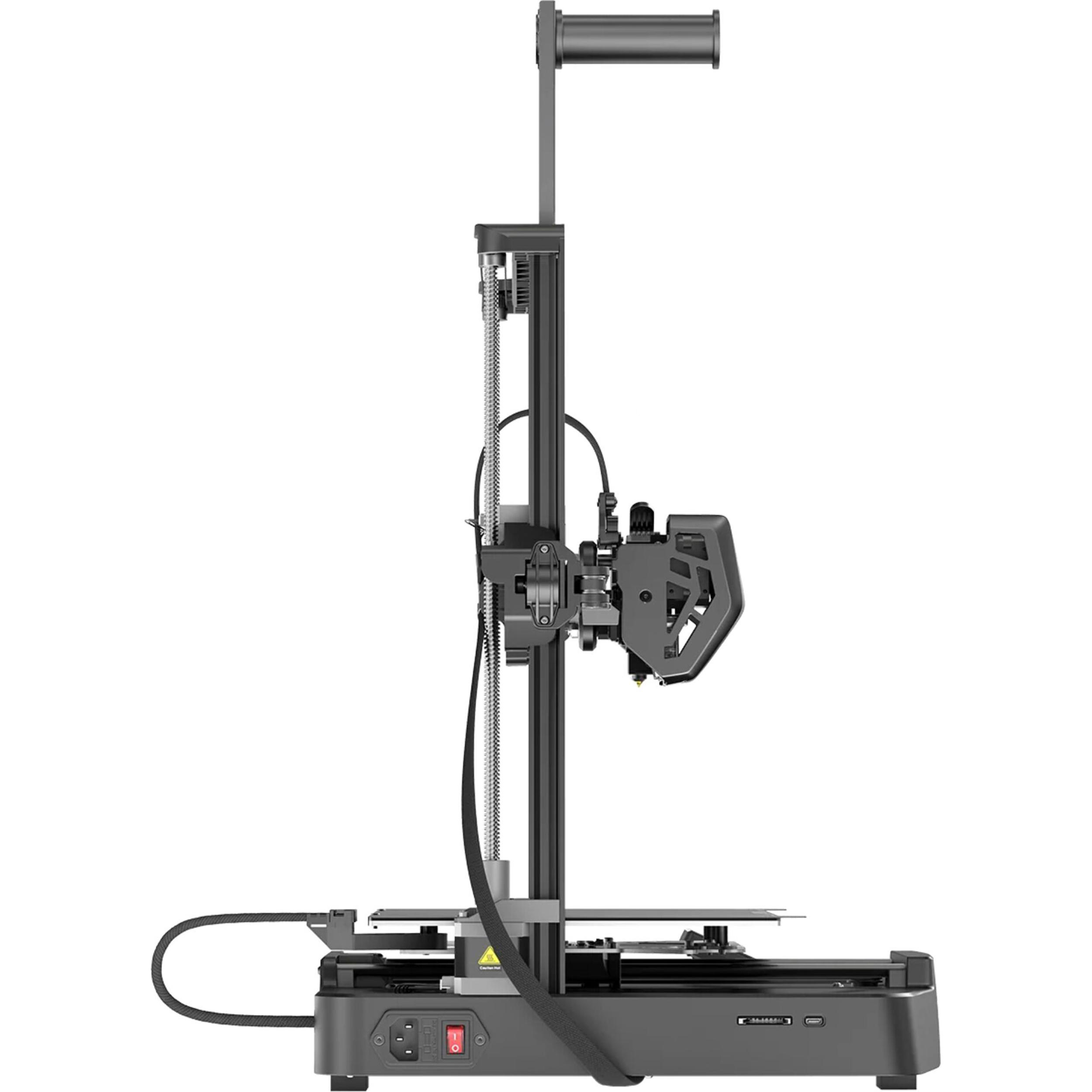 Ein schwarzer 3D-Drucker mit einem vertikalen Ständer und Druckkopf.