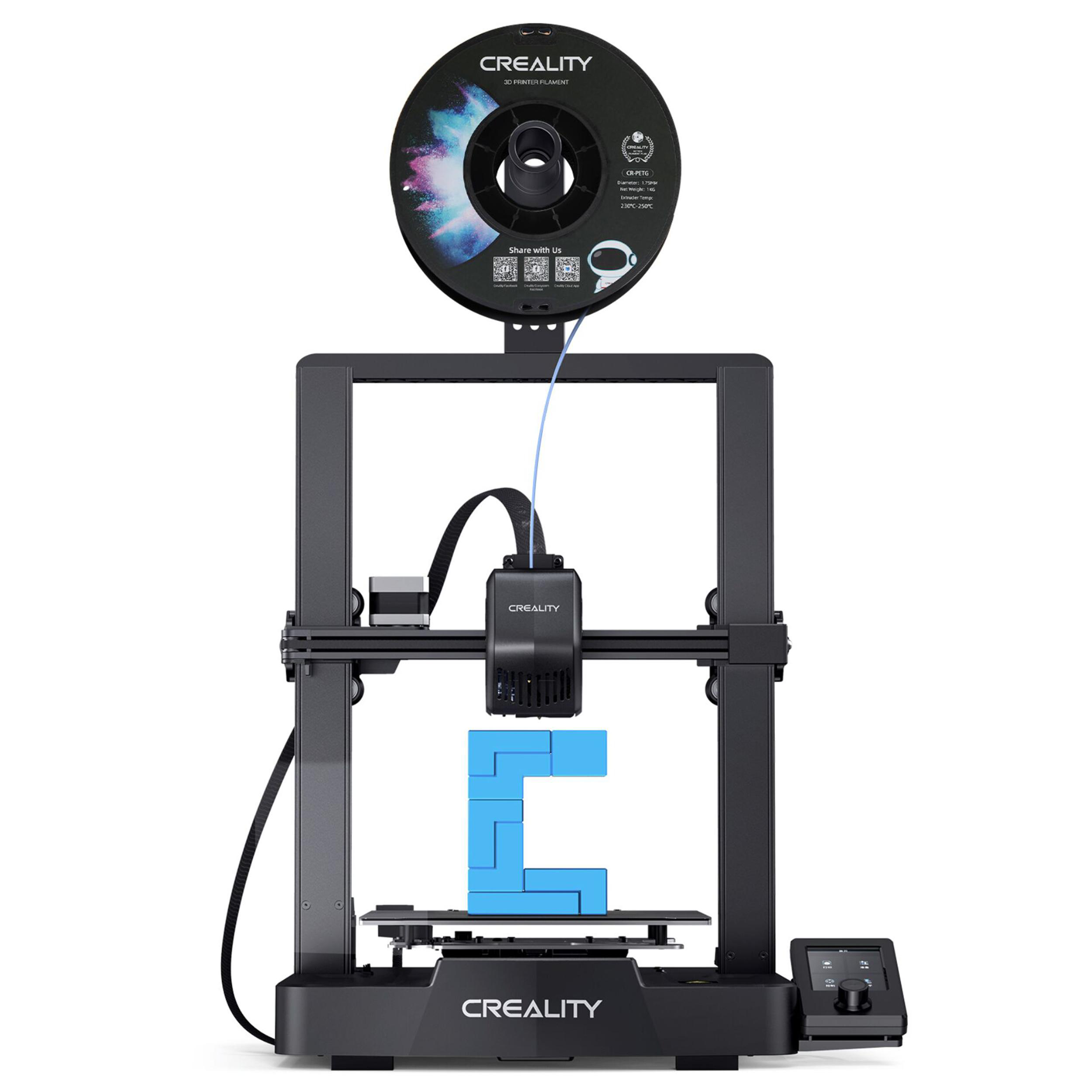 Ein schwarzer 3D-Drucker druckt blaue Klötze, oben ist eine Filamentrolle.