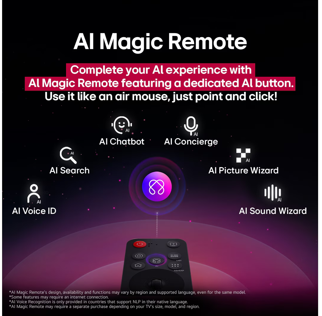 Egy AI Magic Remote ikonokkal Chatbot, Concierge, Keresés, Képvarázsló, Hangvarázsló és Hangazonosító számára.