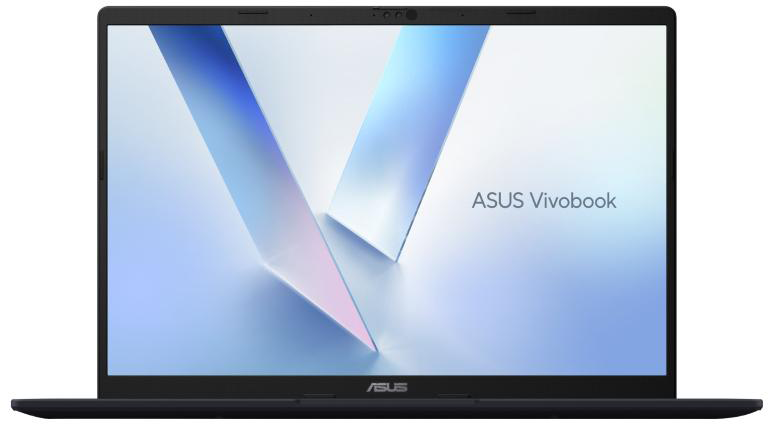 Egy nyitott, fekete ASUS Vivobook laptop, absztrakt kék és fehér háttérrel.