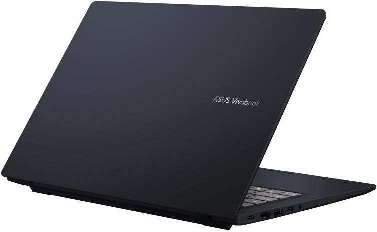 Sötétkék ASUS Vivobook laptop, ferde hátlapi nézet a portok láthatók.