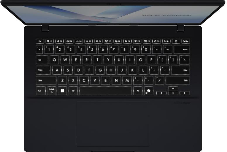 Nyitott fekete ASUS Vivobook laptop felülnézete, világító fehér billentyűzettel és érintőpaddal.