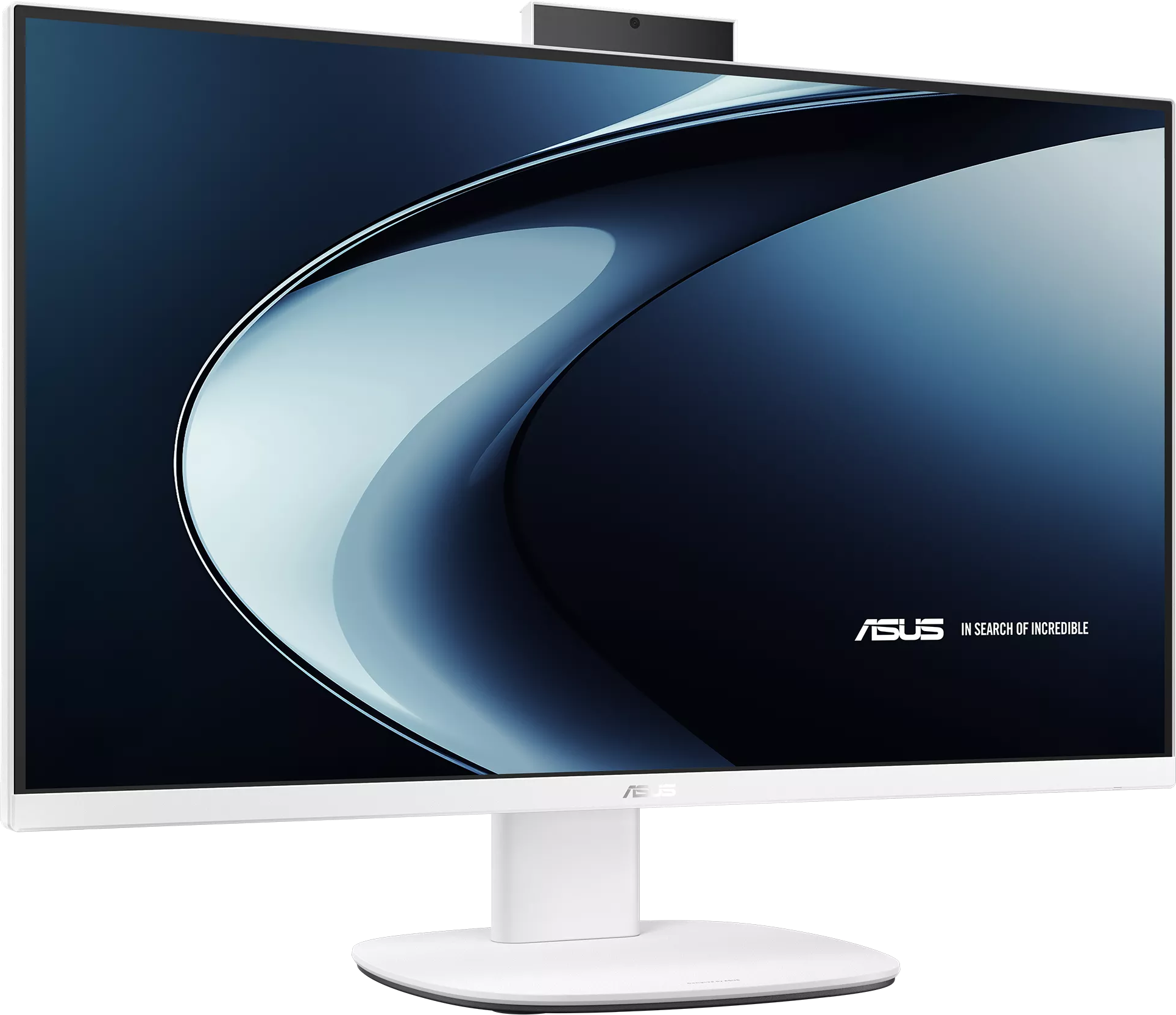 Fehér ASUS all-in-one számítógép elegáns dizájnnal, felül webkamerával.