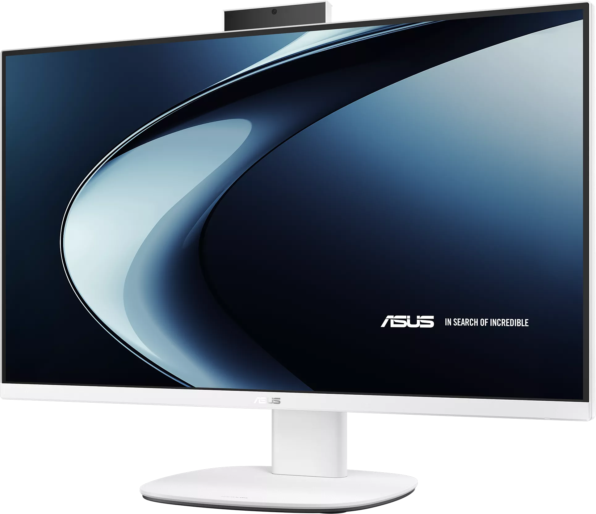 Egy fehér ASUS monitor stilizált kék hátteret és egy felső kamerát mutat.
