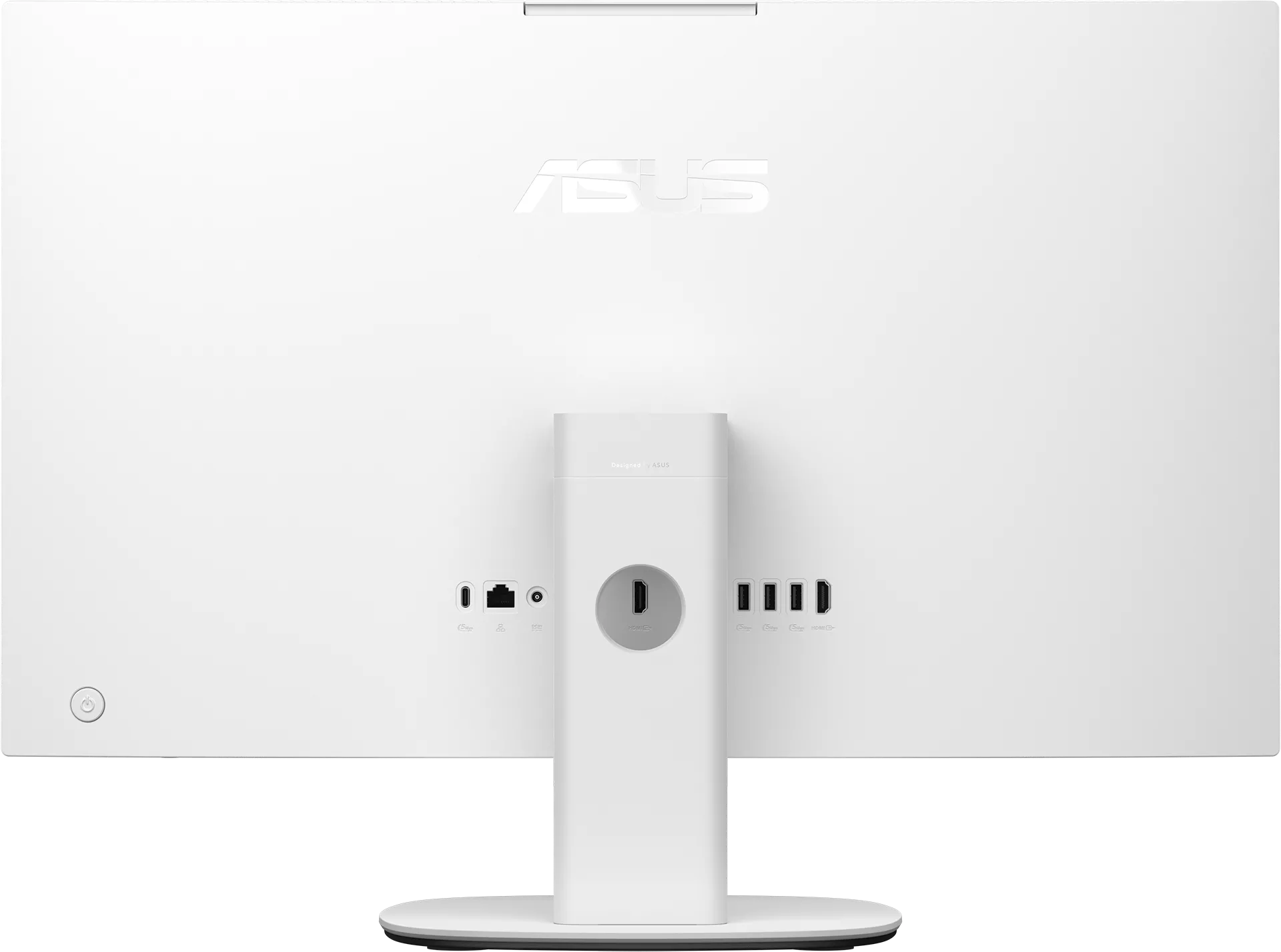 Egy fehér ASUS all-in-one számítógép hátulnézete, portokkal és állvánnyal.