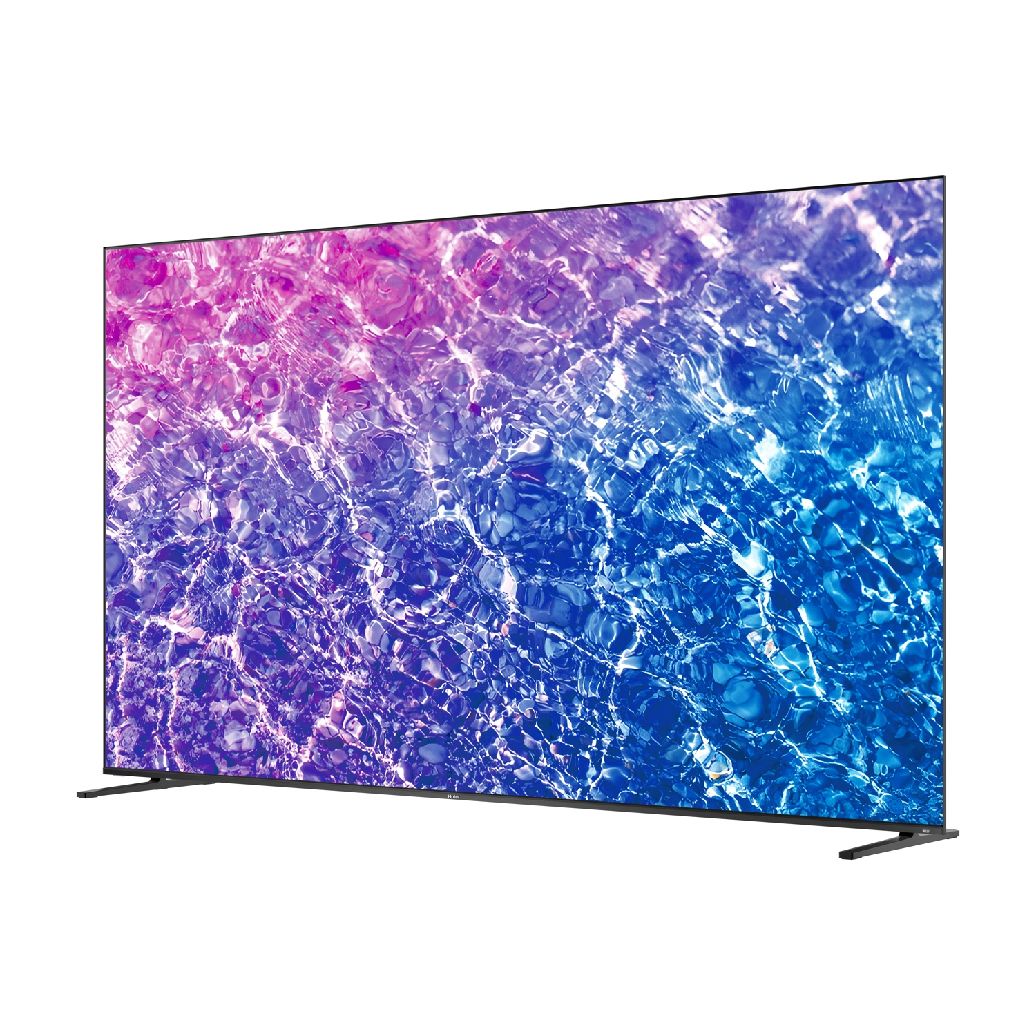 Un televisore moderno che visualizza un'immagine astratta e vibrante di acqua in tonalità blu e rosa.