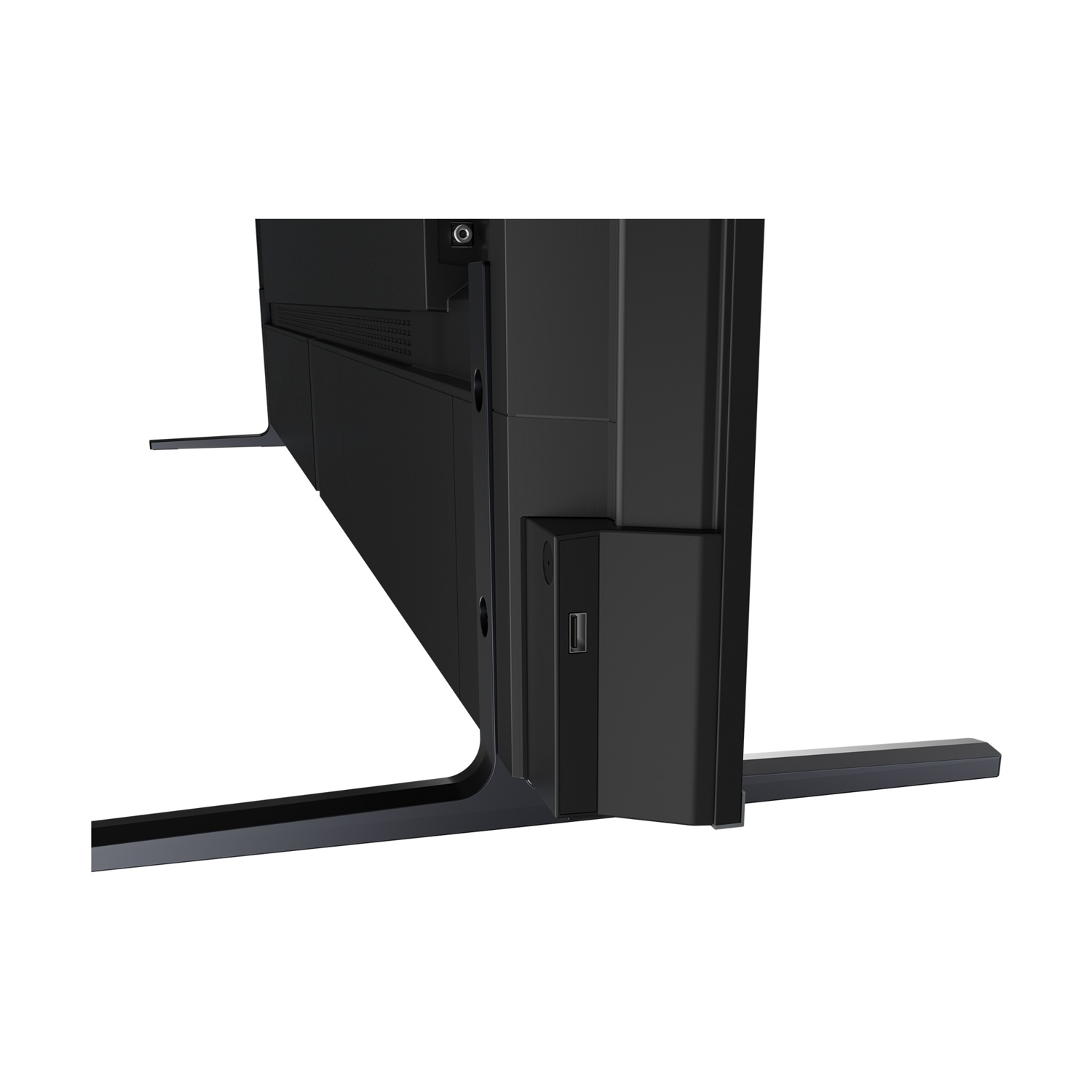 Primo piano di un televisore nero con supporto e porta USB.