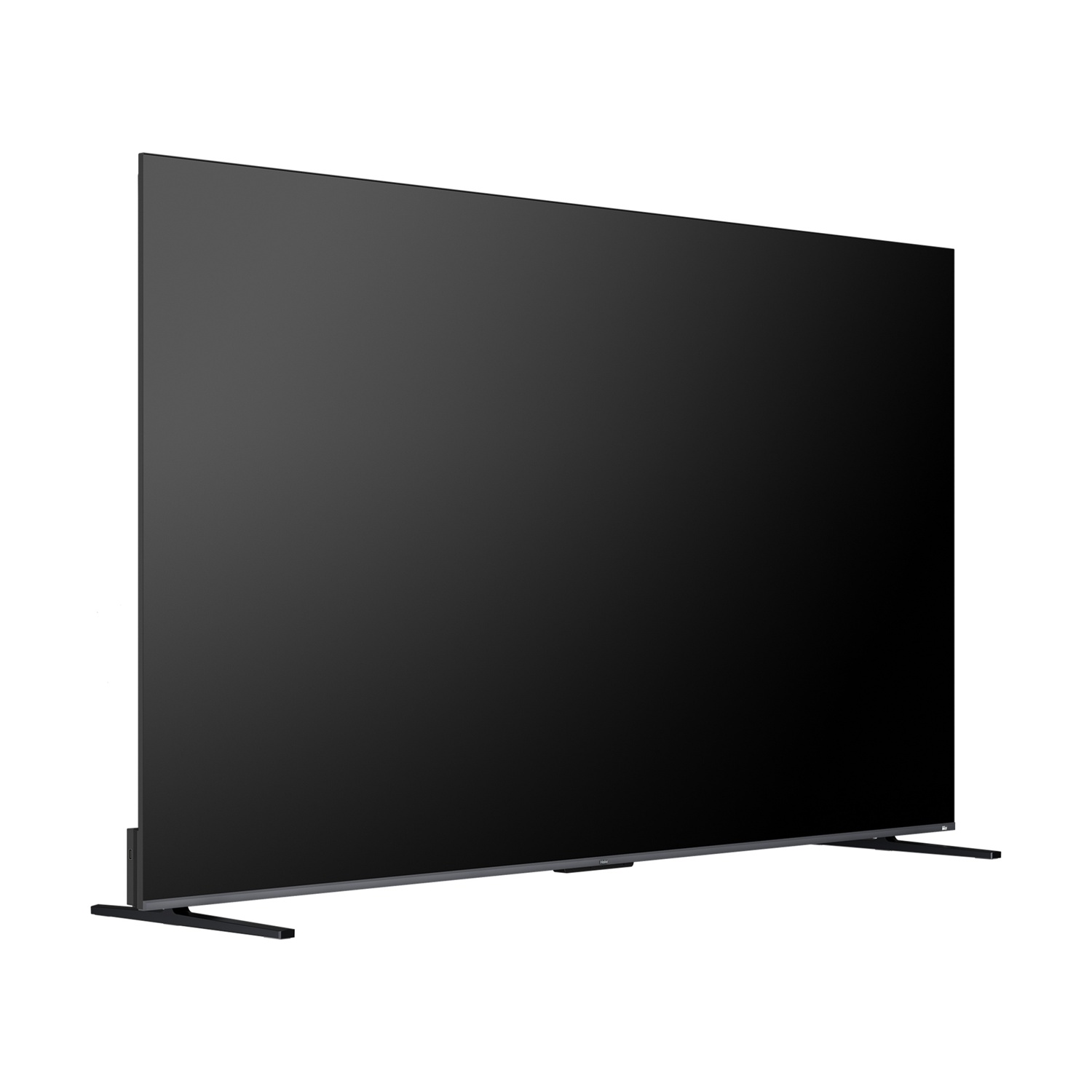 Un elegante televisore nero si erge su uno sfondo bianco.