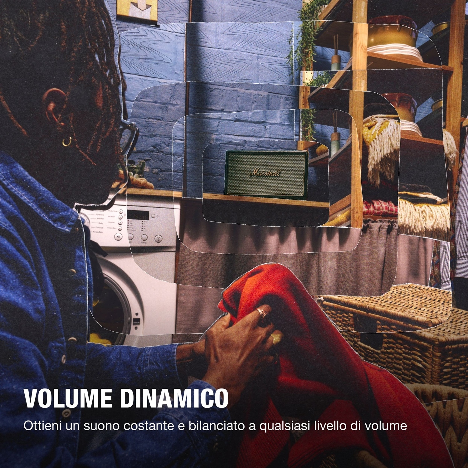 Uomo con dreadlocks, lavatrice, altoparlante Marshall, scaffali con coperte e cesti.