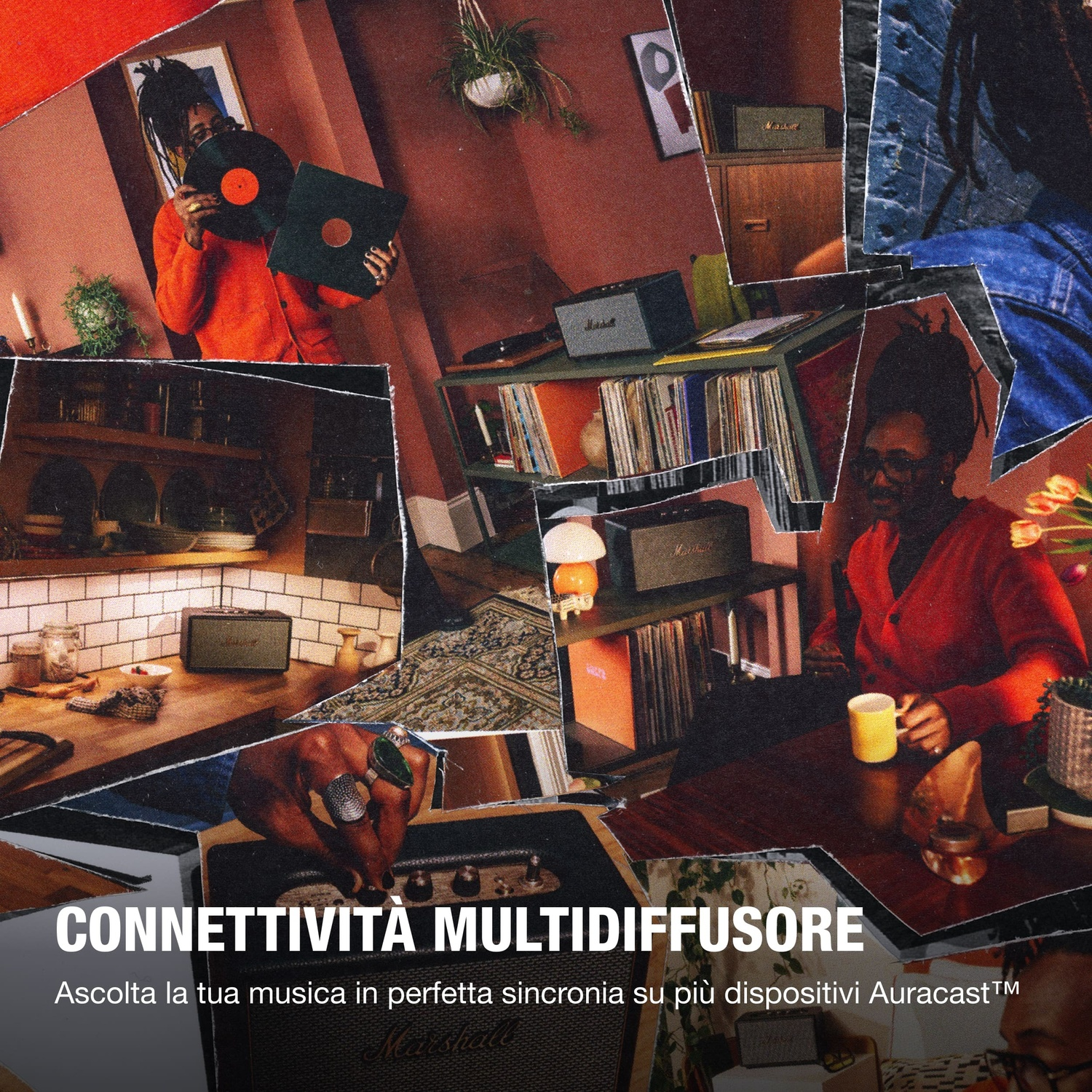 Collage con persona, dischi, cucina, scaffali e altoparlanti Marshall.