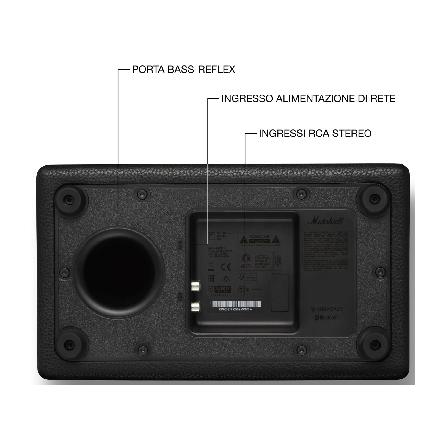 Retro di uno speaker Marshall nero con porte e etichette.