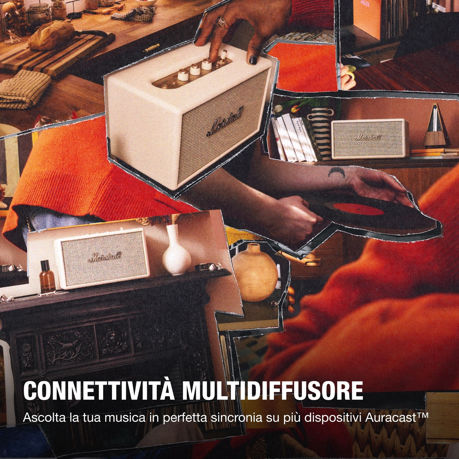 Collage mostra altoparlanti Marshall, mani con vinile e scena di cucina.