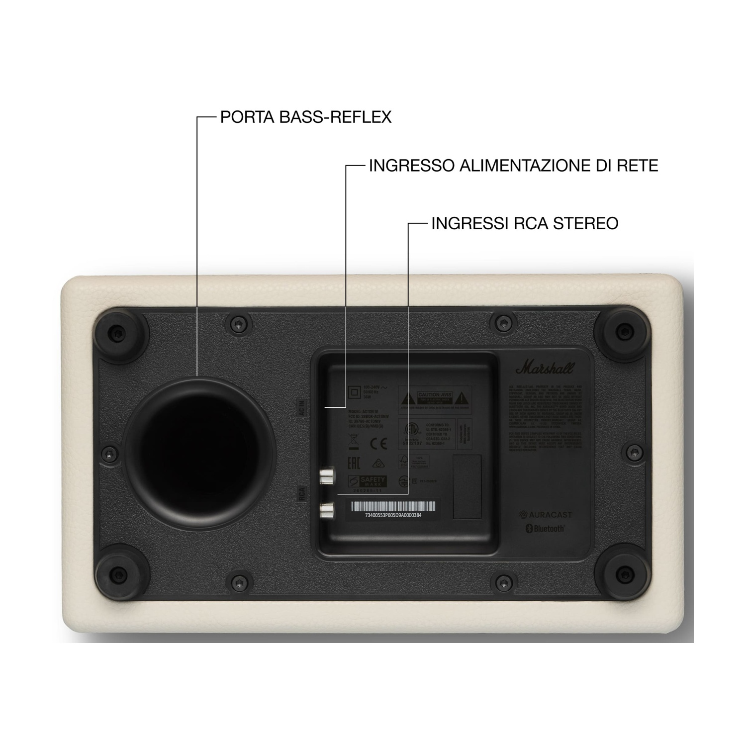 Retro di un altoparlante con porta bass reflex, ingresso alimentazione e ingressi RCA stereo.