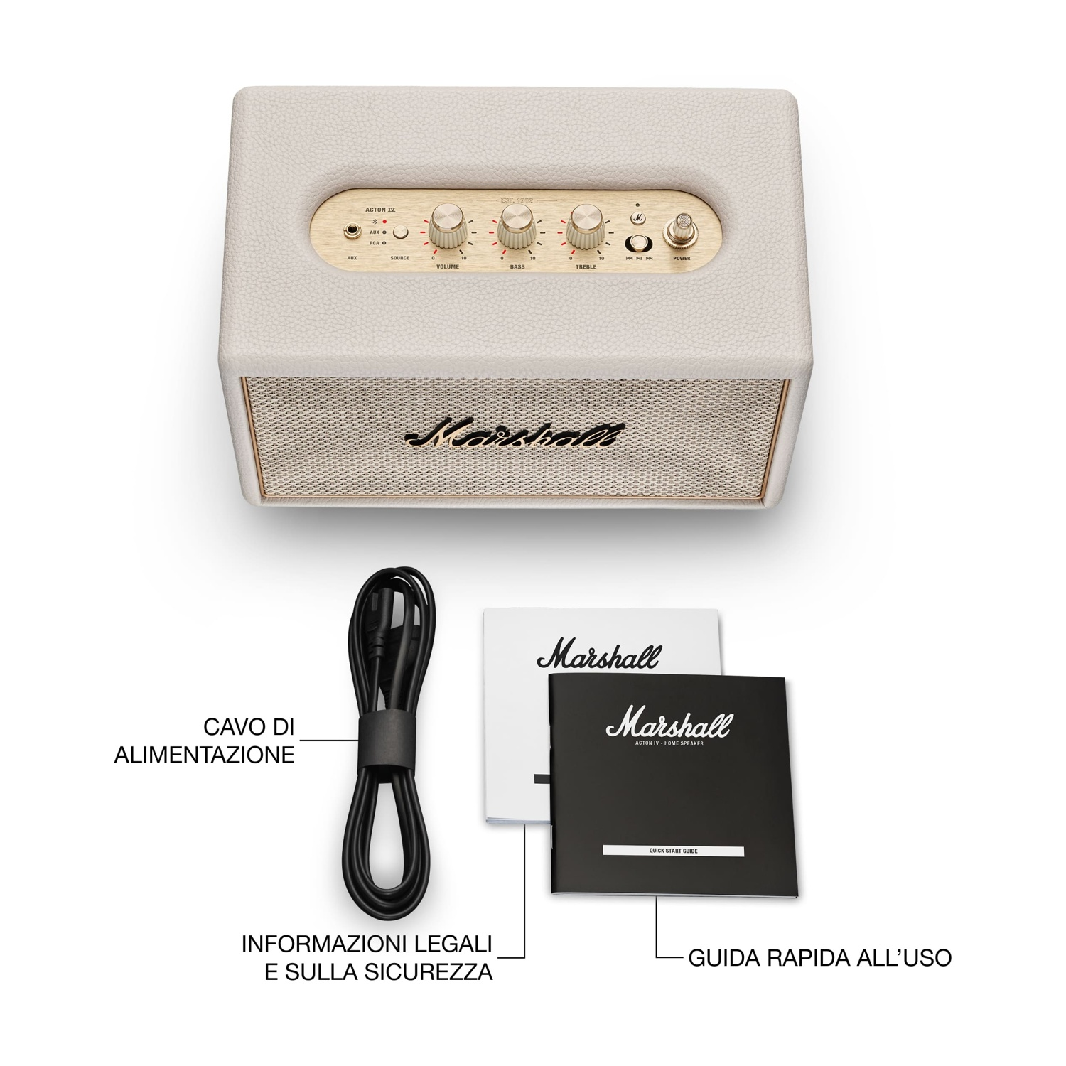 Un altoparlante Marshall Acton IV bianco con accessori: cavo, guida rapida.