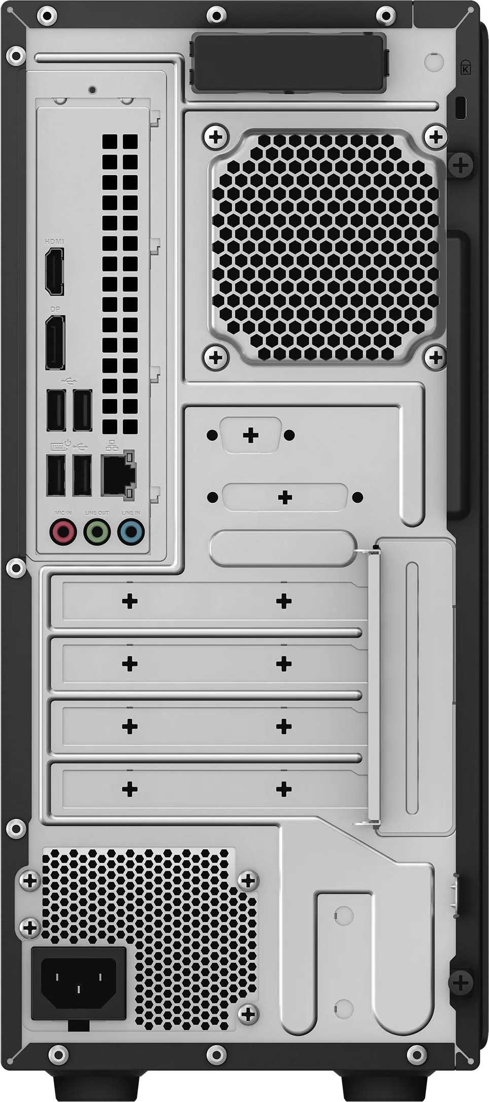 Egy PC hátulja HDMI, DP, USB és audio csatlakozókkal.