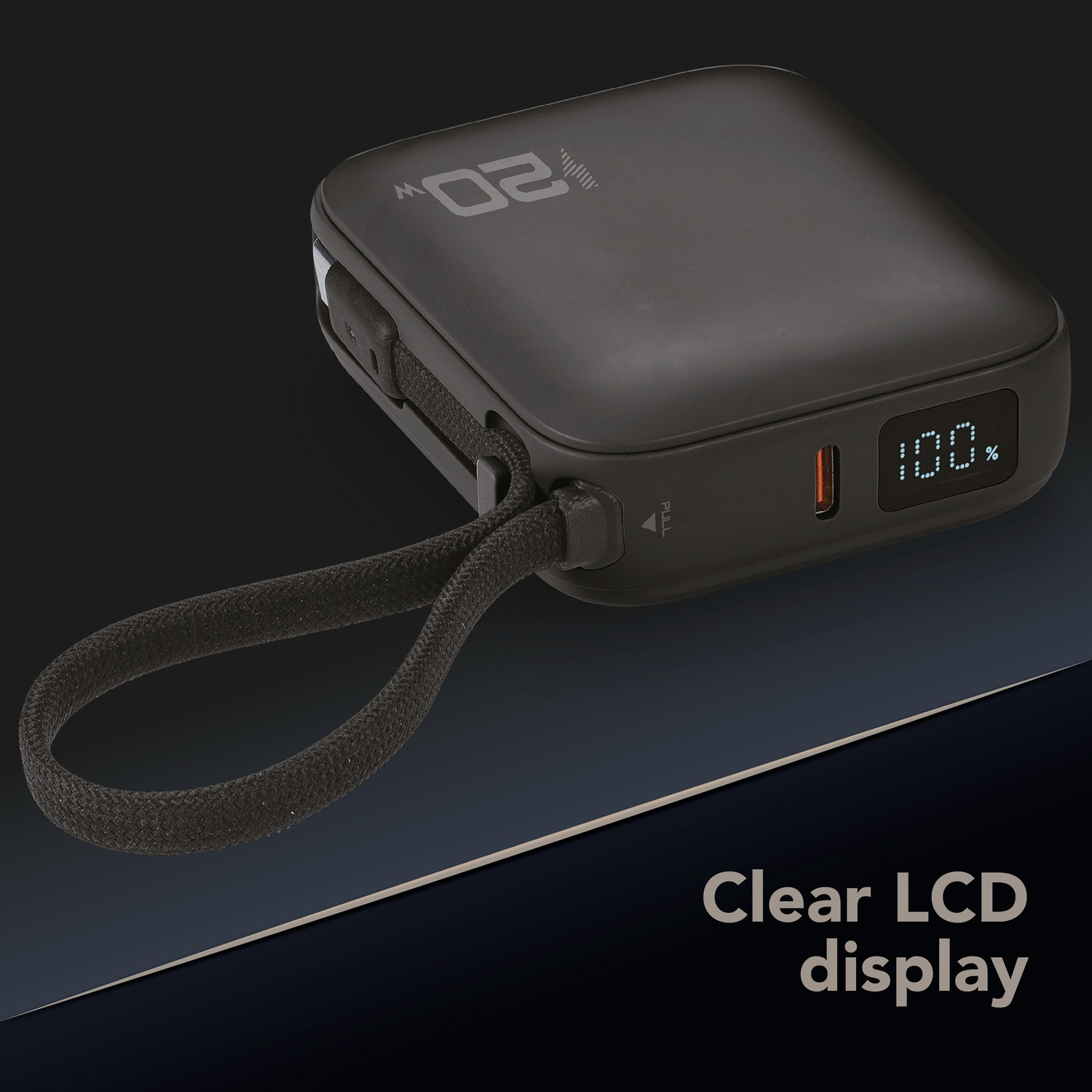 Power bank nero con stampa 20W e display LCD al 100%.