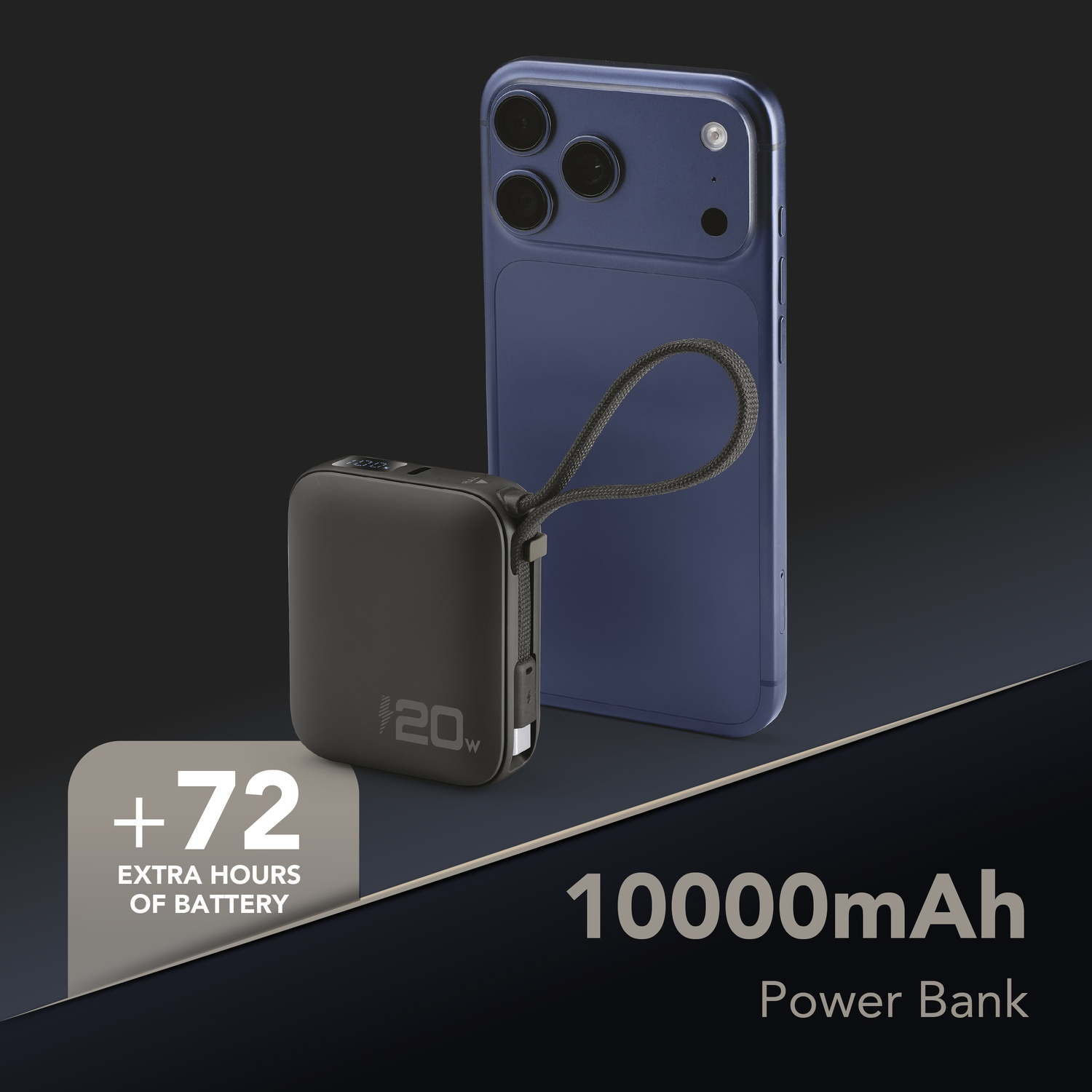 Power bank nera accanto a un telefono blu, con +72 ore extra.