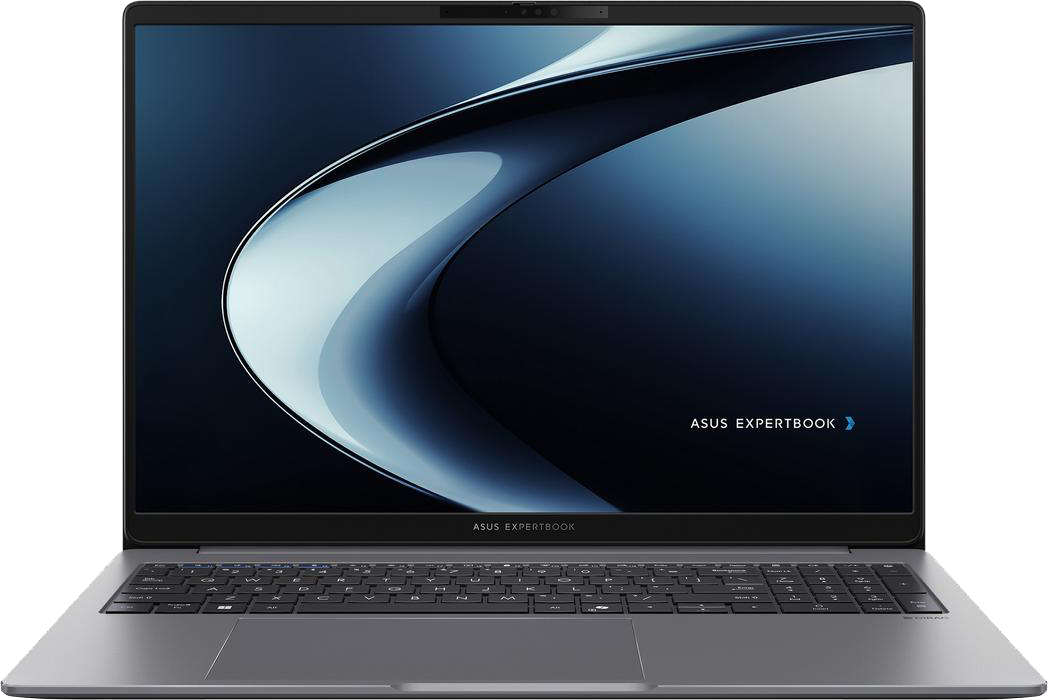 Szürke Asus Expertbook laptop háttérvilágítású billentyűzettel és absztrakt háttérrel.