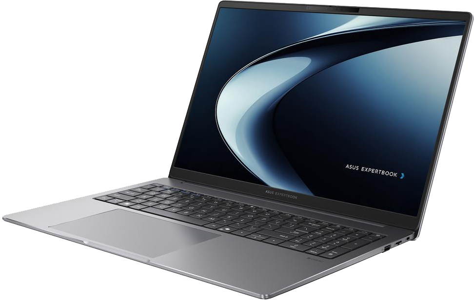 Egy kinyitott, ezüst Asus ExpertBook laptop sötét háttérrel.