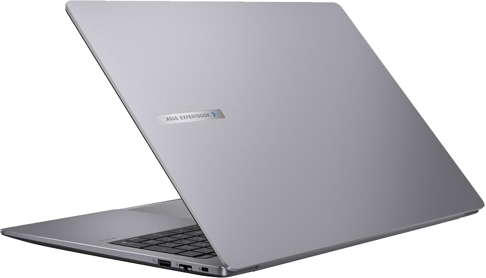 Egy ezüst ASUS ExpertBook laptop, félig nyitva, billentyűzettel és portokkal.