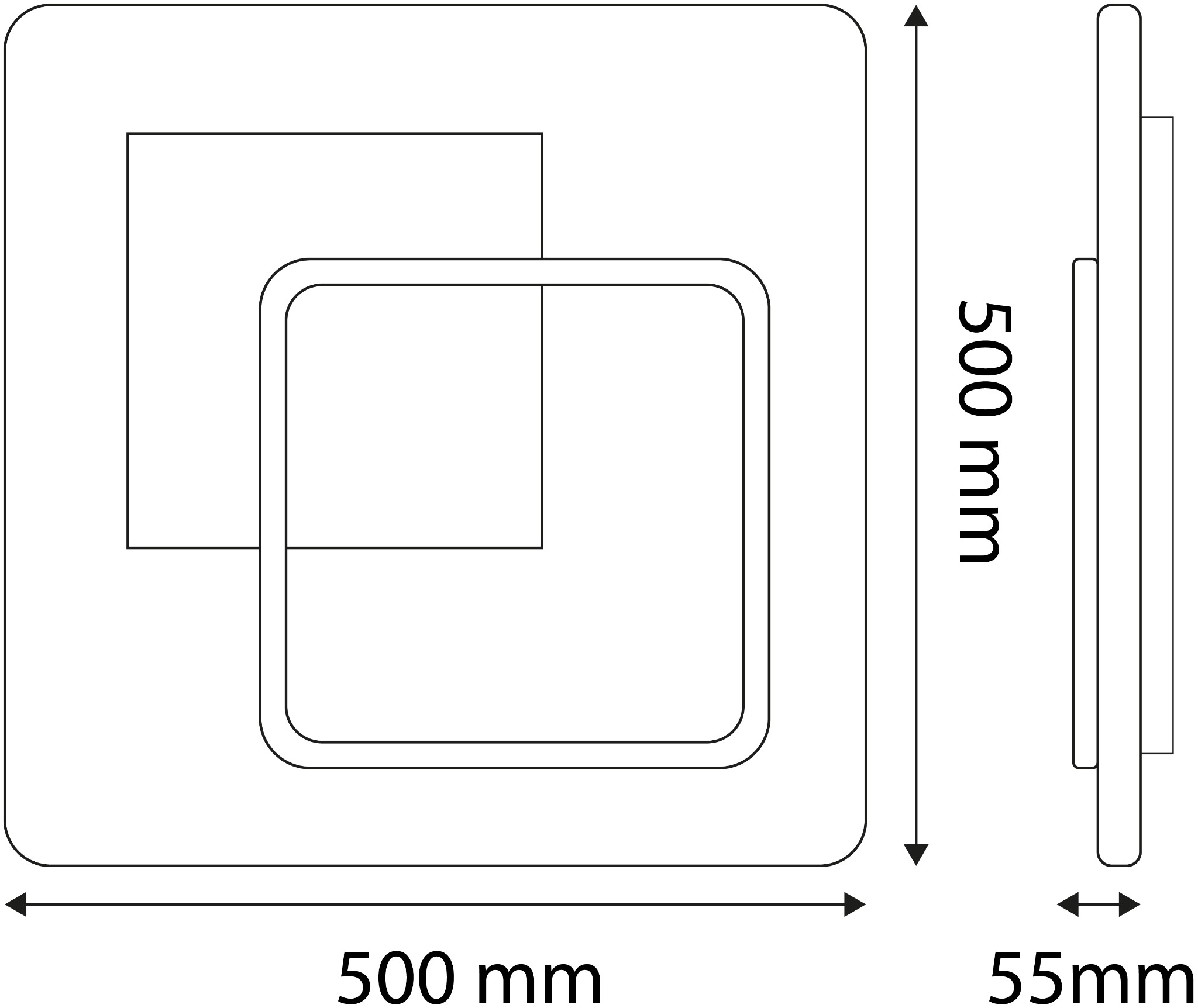 Műszaki rajz: 500x500mm, 55mm mély. Két négyzet átfedi egymást.