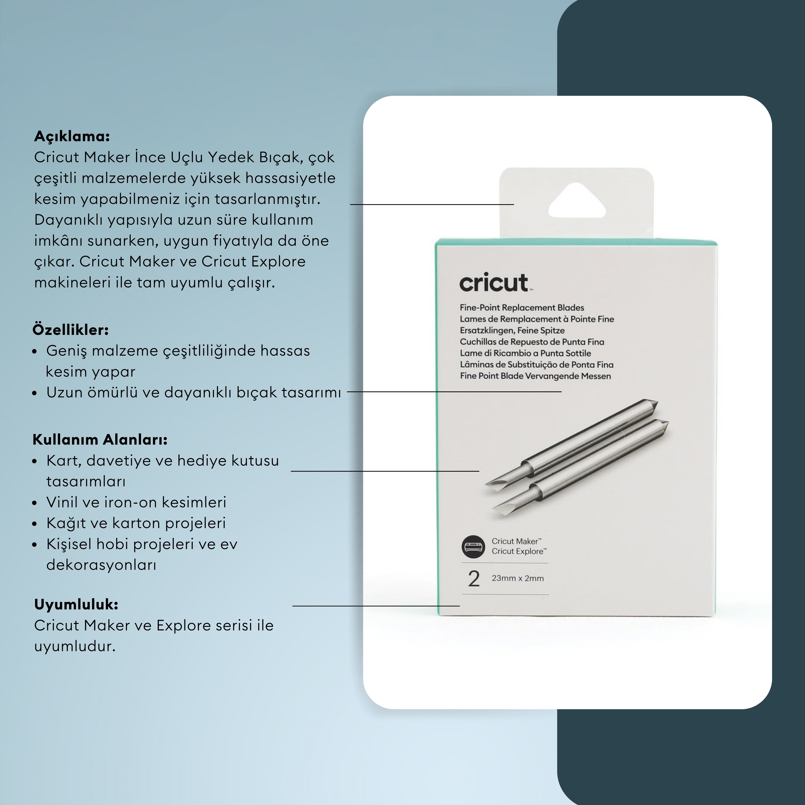 Cricut Maker İnce Uçlu Yedek Bıçaklar, 2 gümüş renkli bıçak.