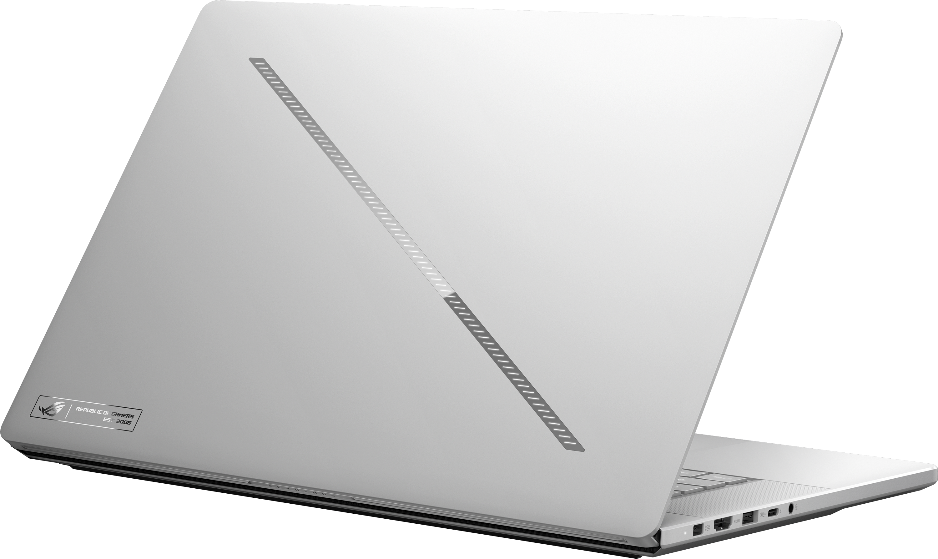 Egy ezüst laptop ROG logóval és csíkos mintával.