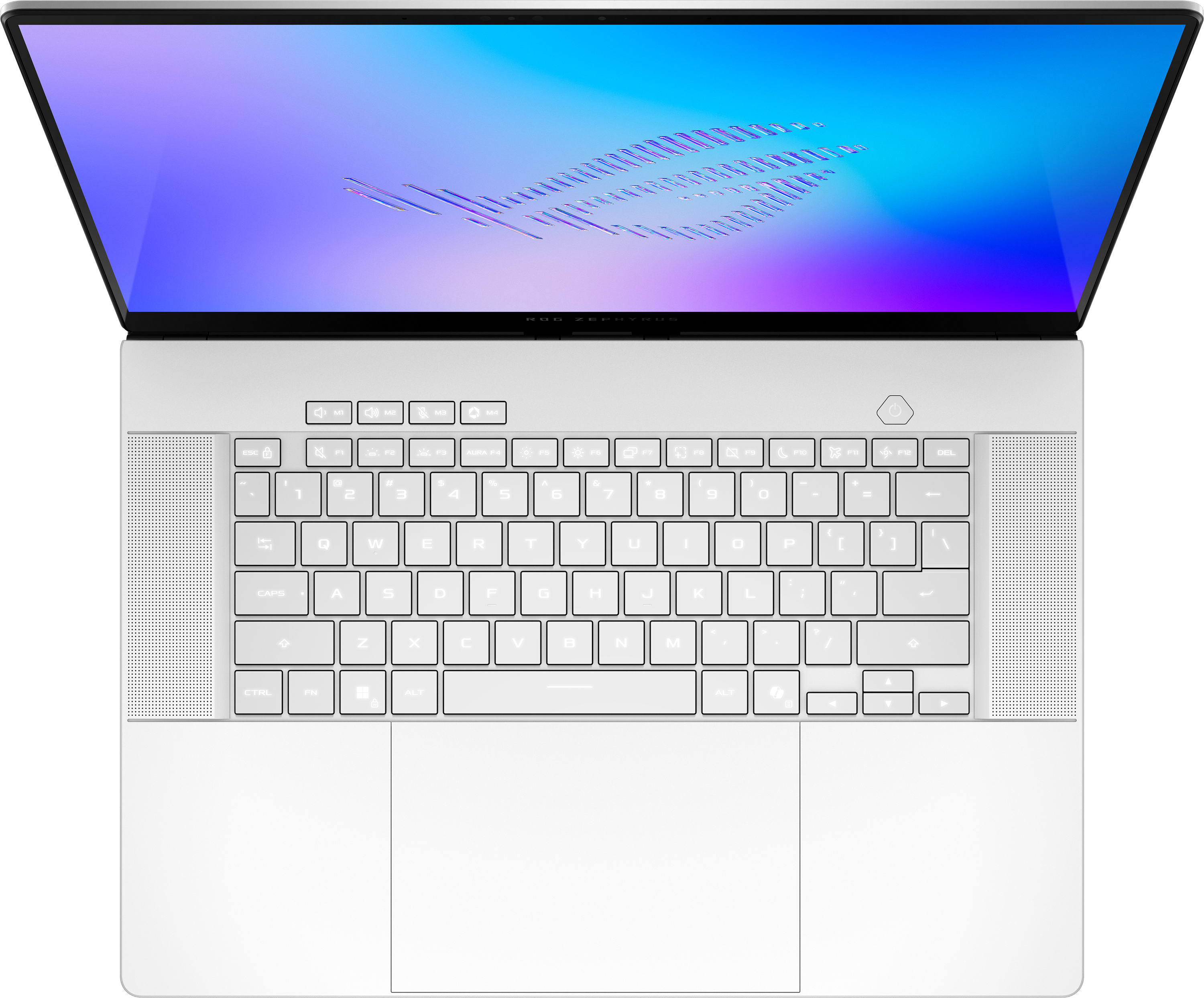 Egy fehér laptop nyitott fedéllel, színes absztrakt háttérképet jelenít meg. A billentyűzet látható.