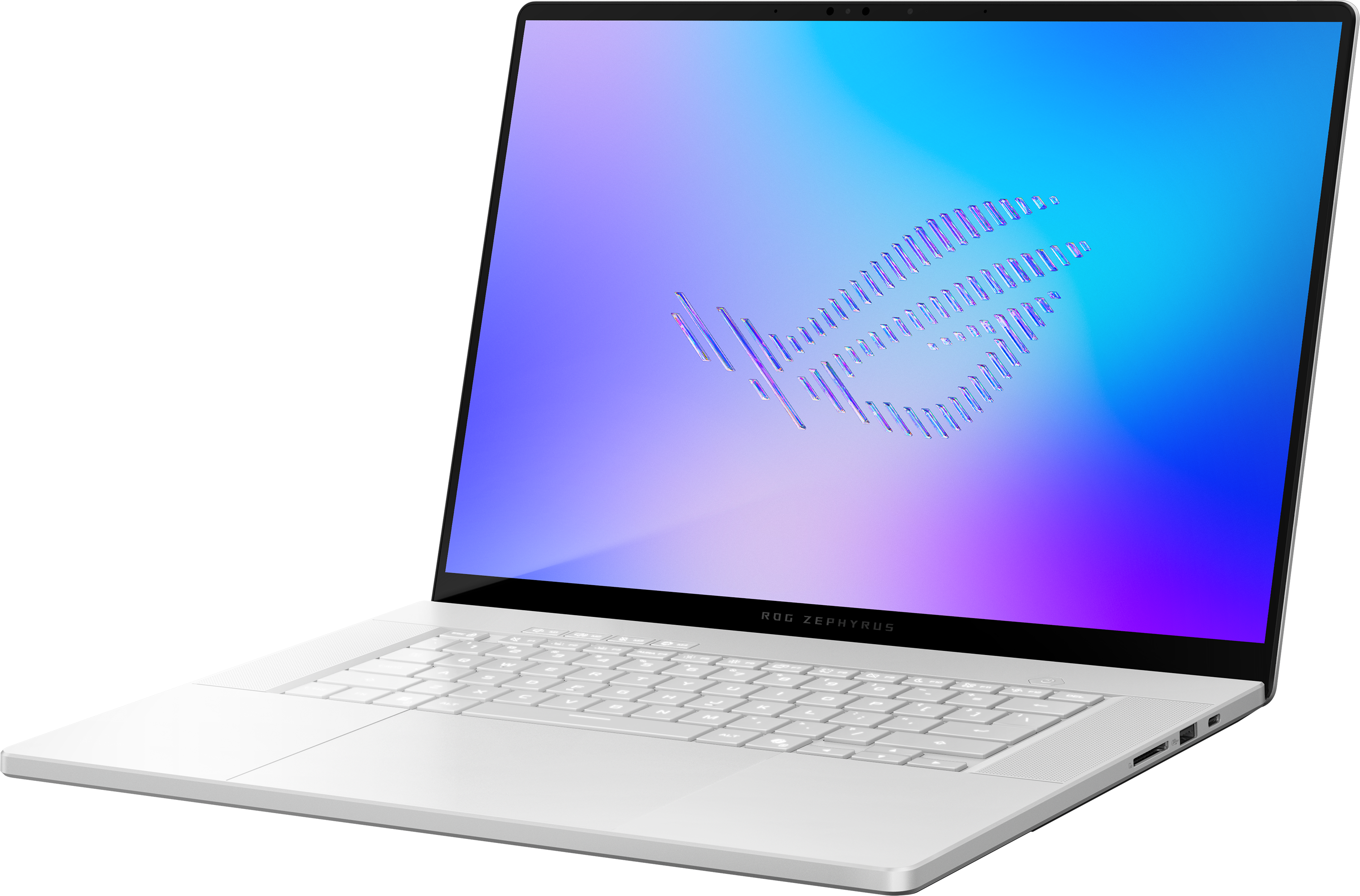 Fehér laptop háttérvilágítású billentyűzettel és logóval a képernyőn.