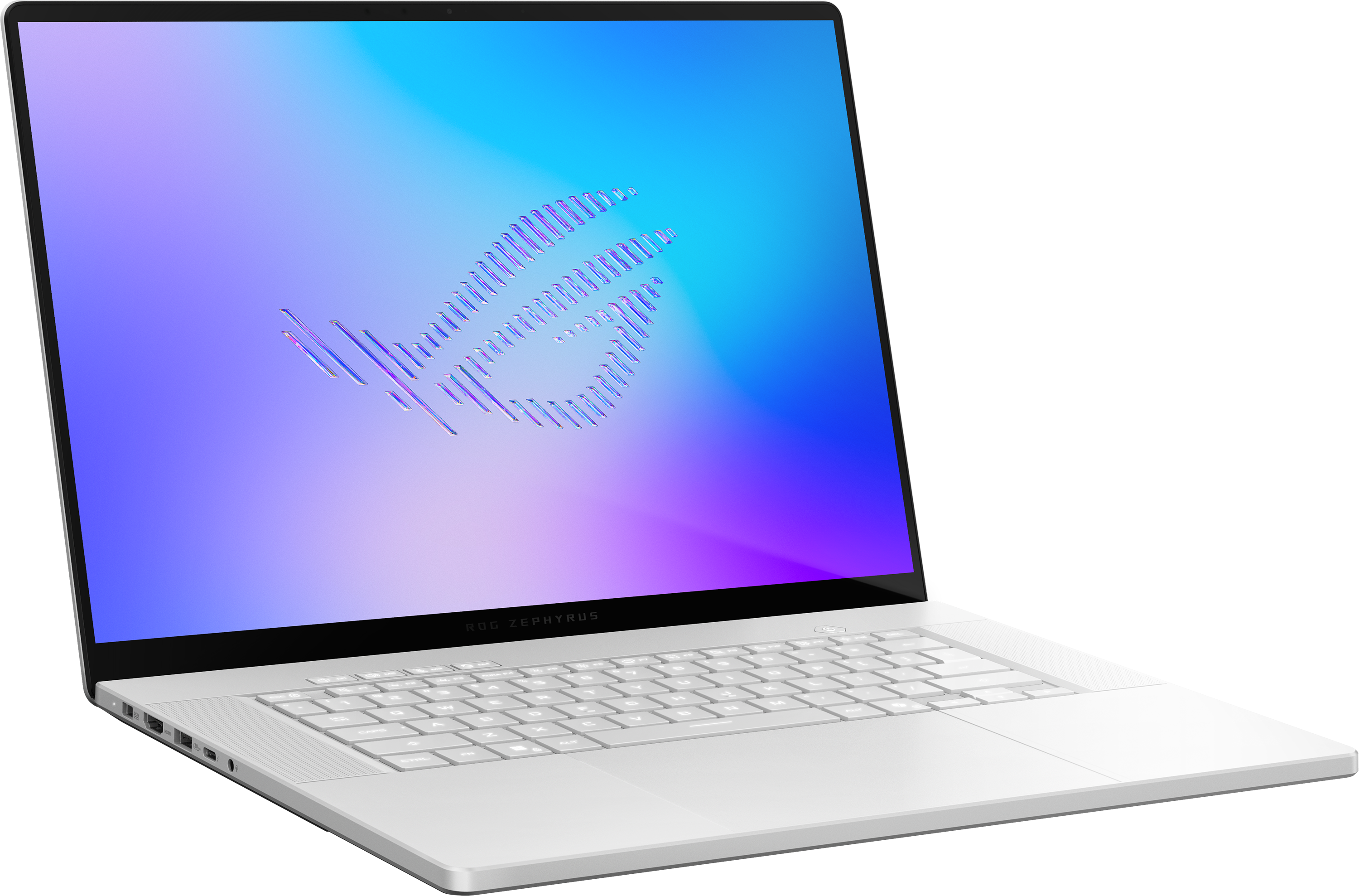 Egy fehér laptop világító billentyűzettel és kék/lila háttérképpel.