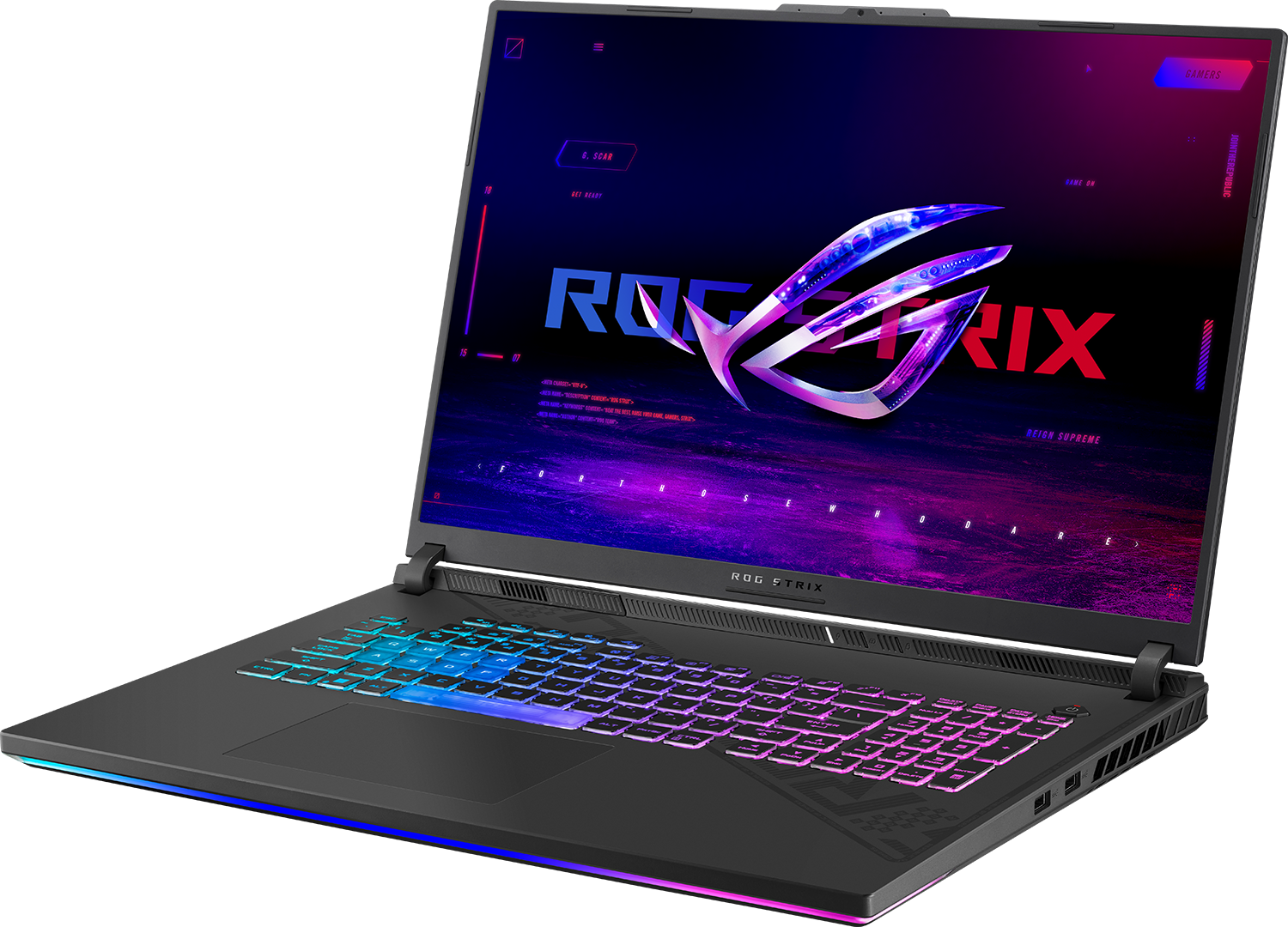 Fekete laptop világító billentyűzettel és ROG logóval a képernyőn.