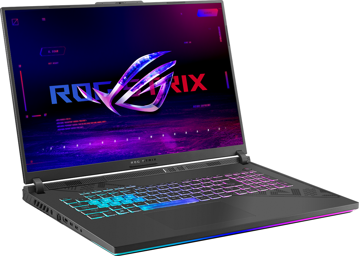 Nyitott laptop világító billentyűzettel és ROG logóval a képernyőn.