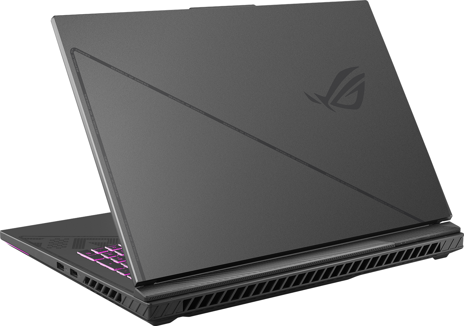 Zárt, sötét laptop háttérvilágítású billentyűzettel és ROG logóval.