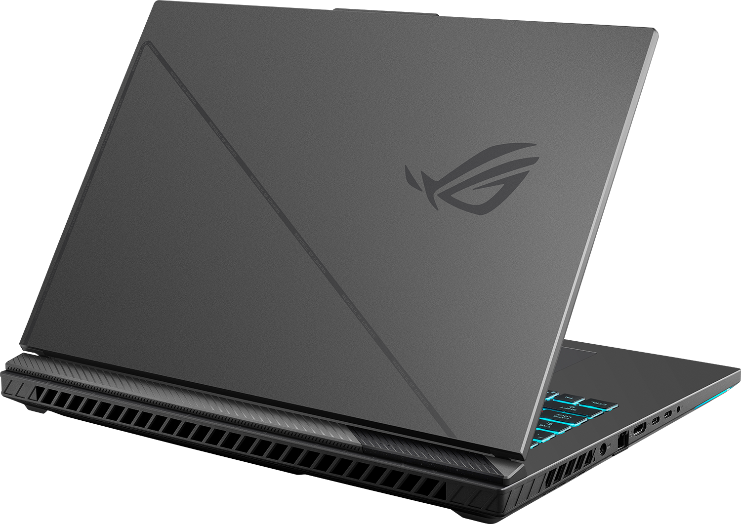 Egy zárt, szürke laptop világító kék billentyűkkel és ROG logóval.