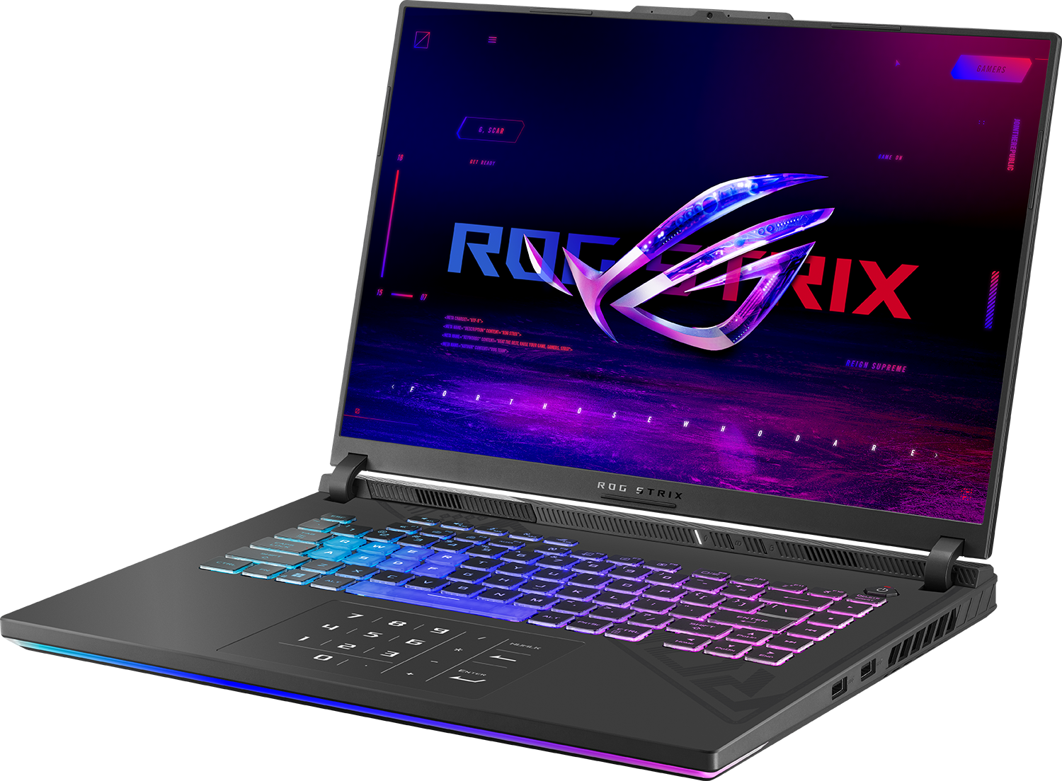 Egy ROG Strix laptop világító billentyűzettel és ROG logóval a képernyőn.