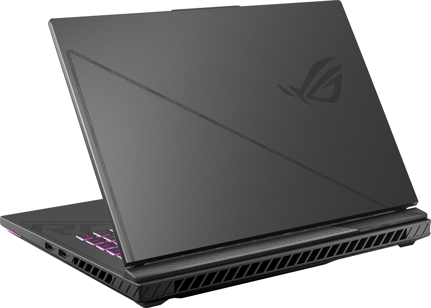 Sötét laptop megvilágított billentyűkkel és ROG logóval.