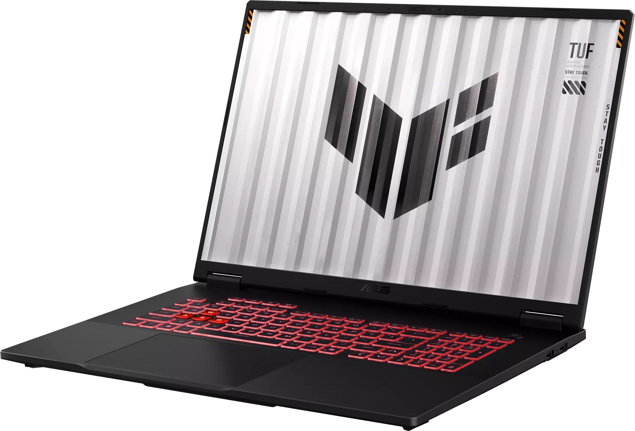 Fekete laptop piros billentyűzettel és TUF logóval, fehér-szürke háttérrel.