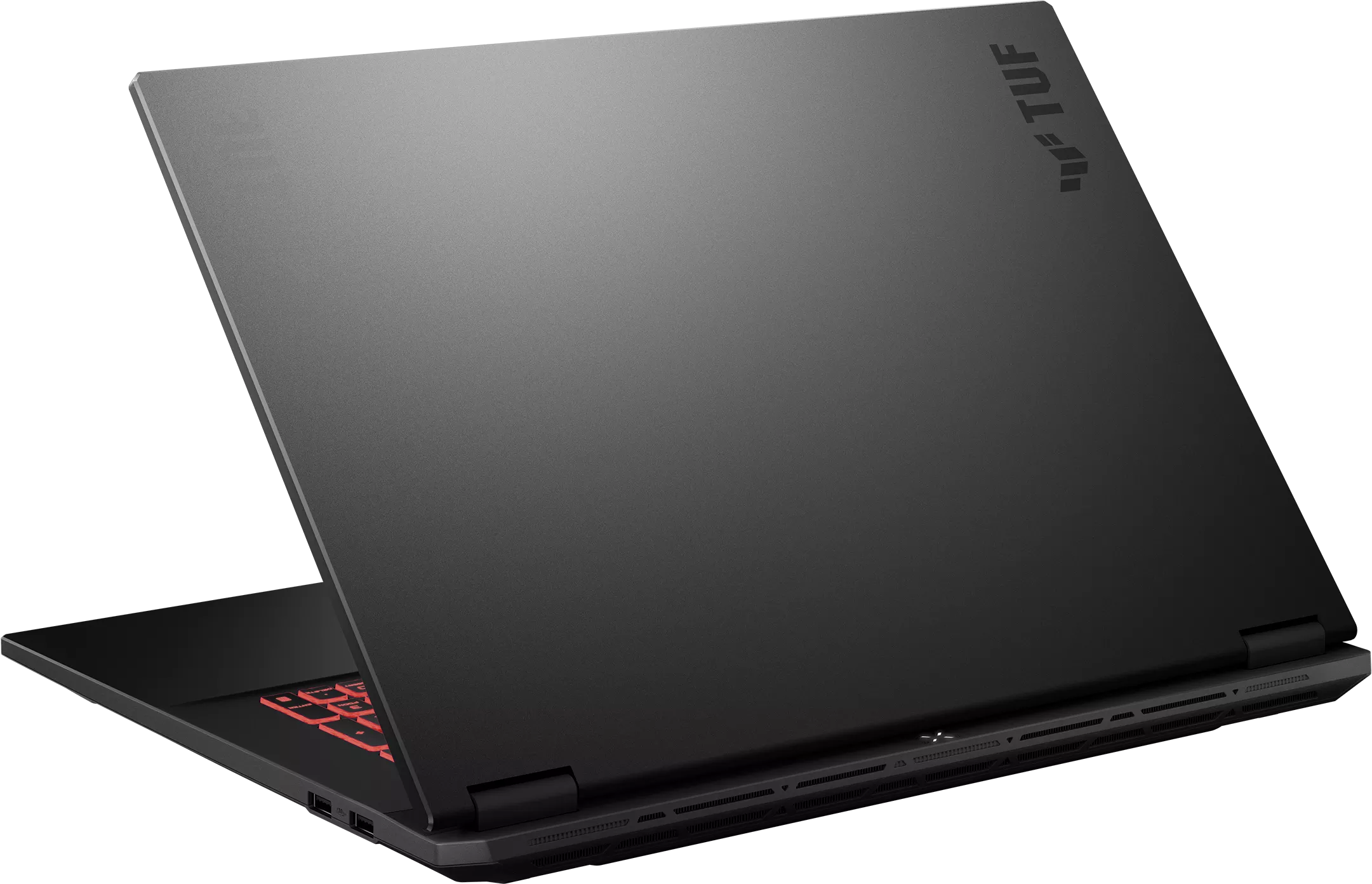 Fekete laptop piros világító billentyűzettel és TUF logóval a fedélen.