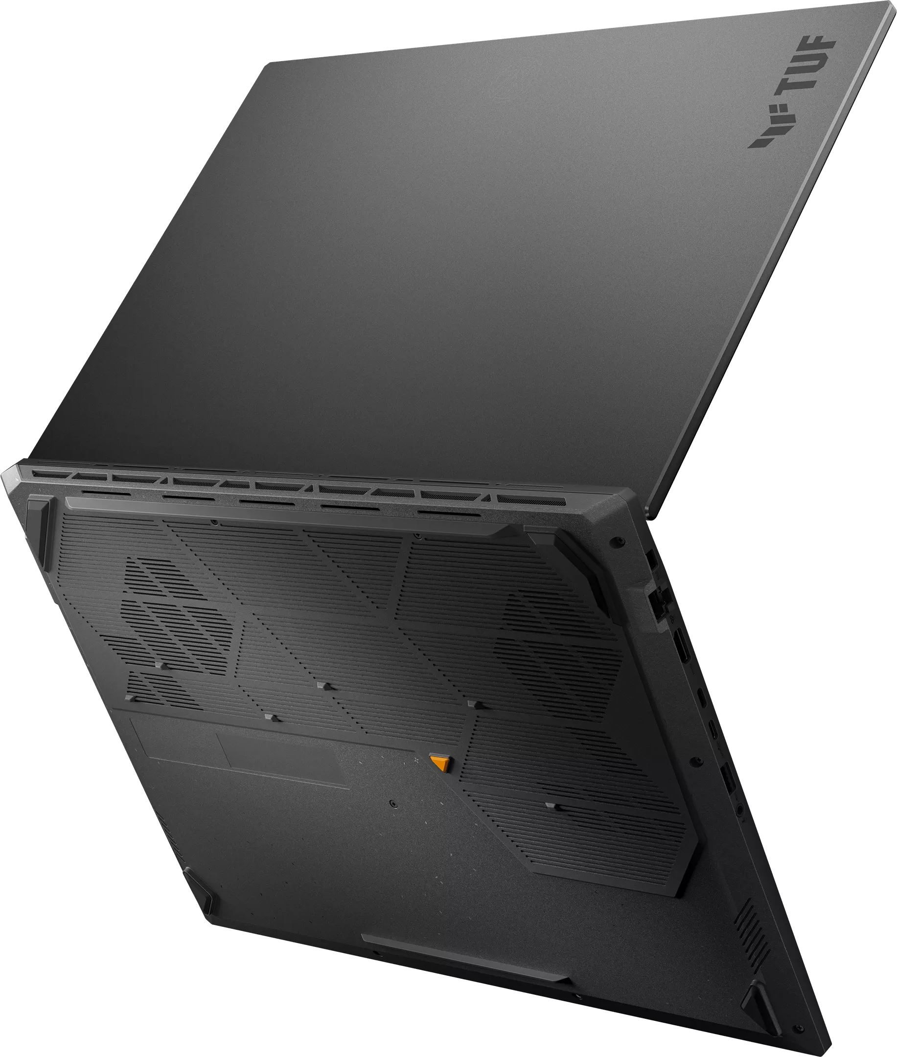 Egy fekete laptop nyitott fedéllel, látható az alsó része szellőzőkkel.