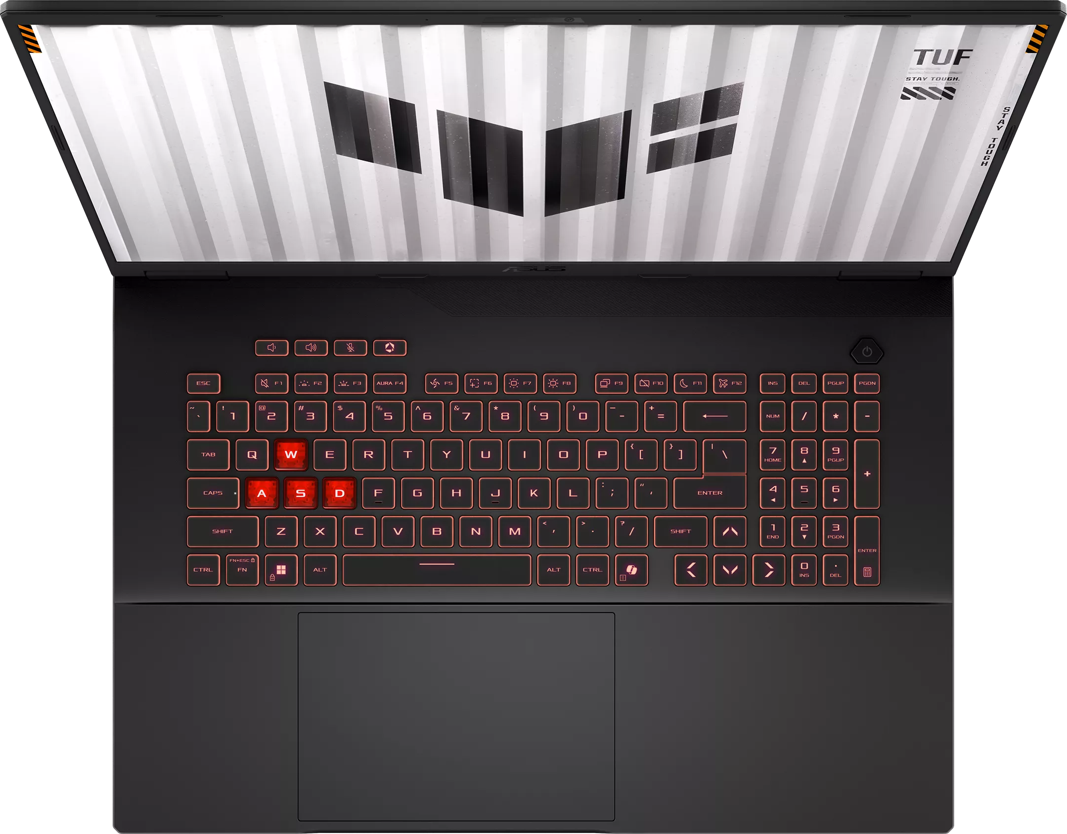Egy nyitott laptop világító billentyűzettel és grafikai dizájnnal a képernyőn.