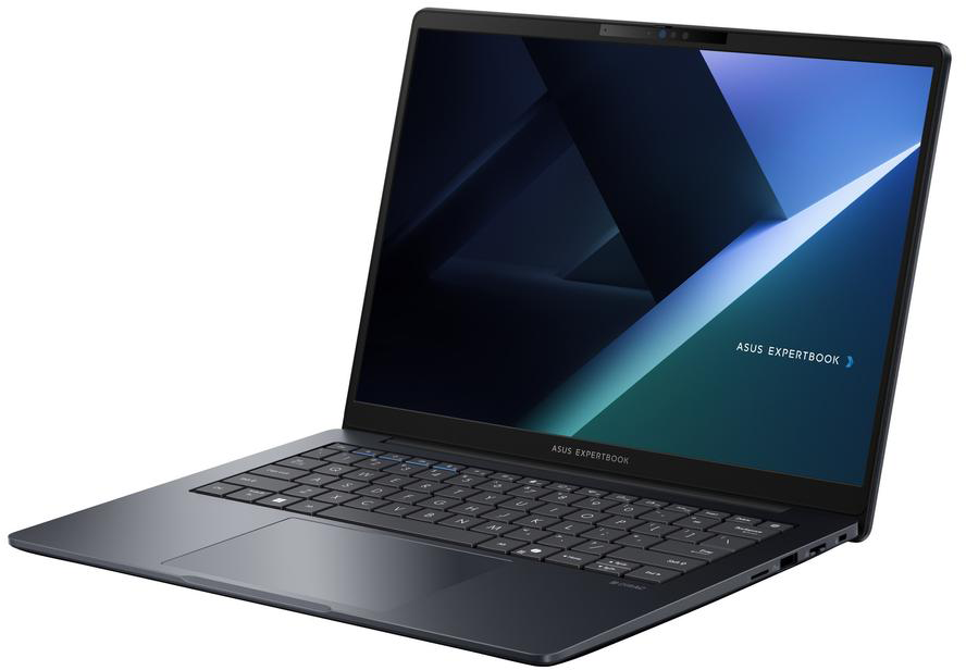 Sötét Asus Expertbook laptop háttérvilágítású billentyűzettel és kék háttérképpel.