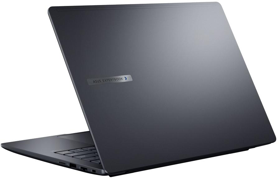 Sötétszürke Asus Expertbook laptop, nyitva, billentyűzet látható.