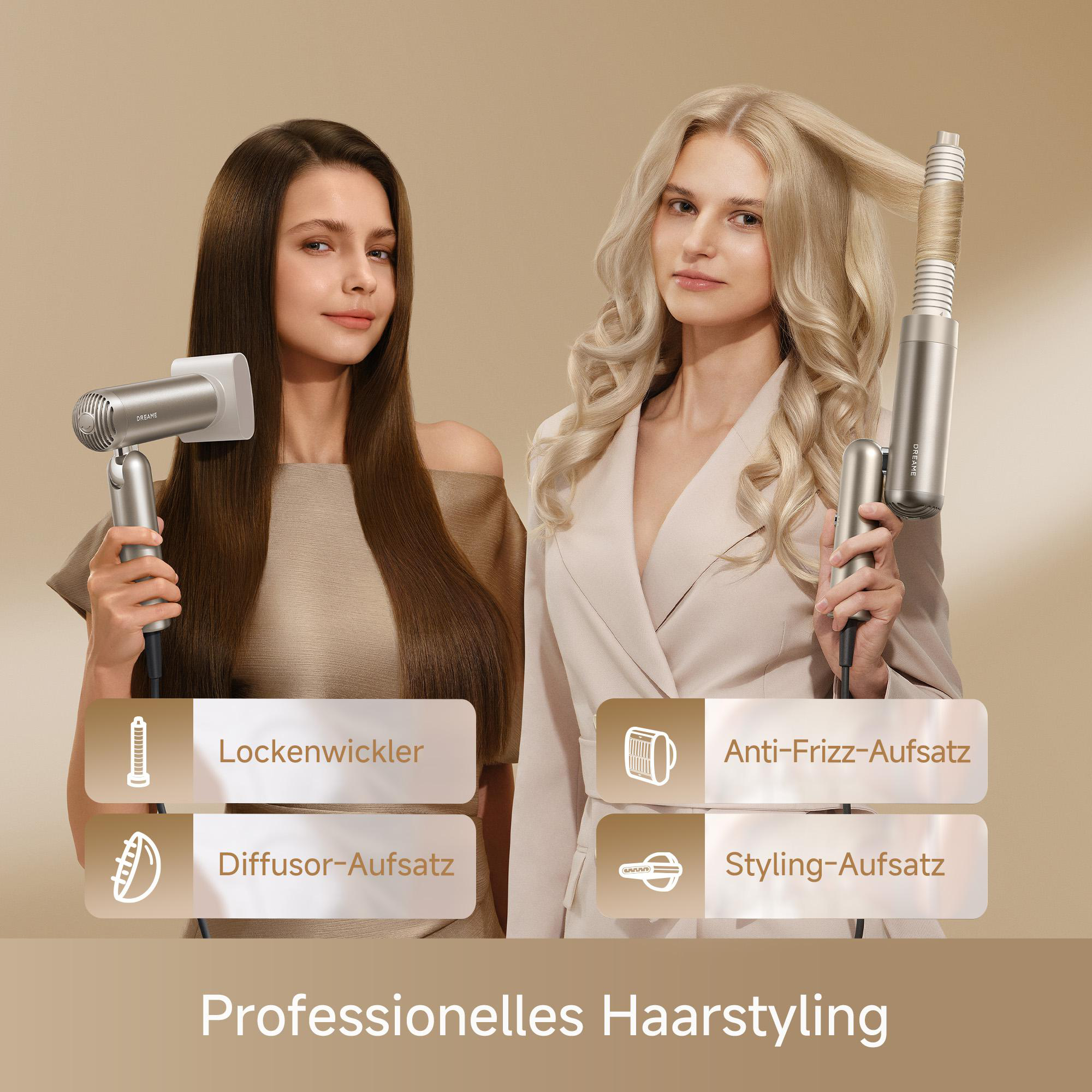 Zwei Frauen mit Haartrocknern und Aufsätzen für professionelles Haarstyling.