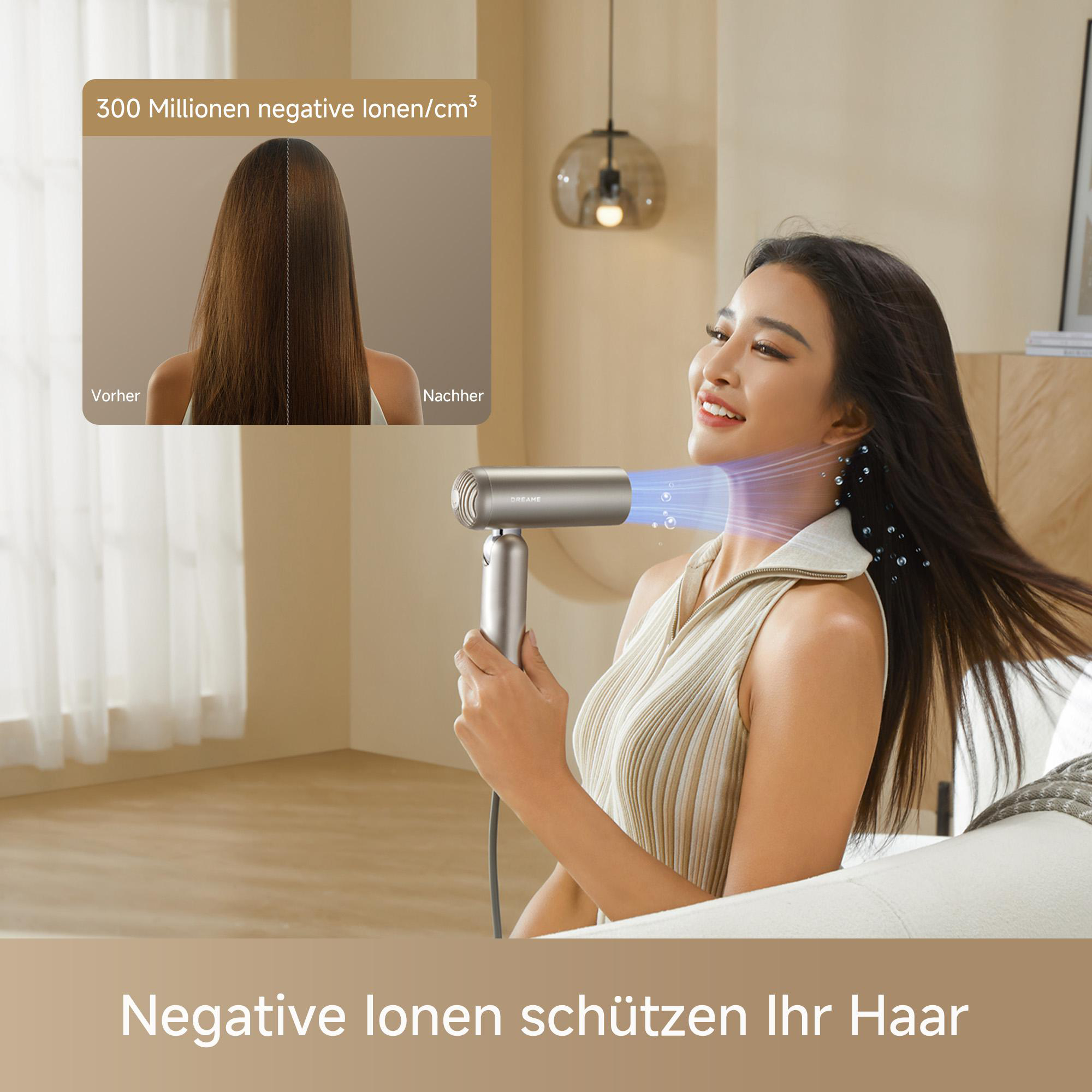 Frau föhnt ihr Haar mit einem silbernen Haartrockner, der negative Ionen abgibt.