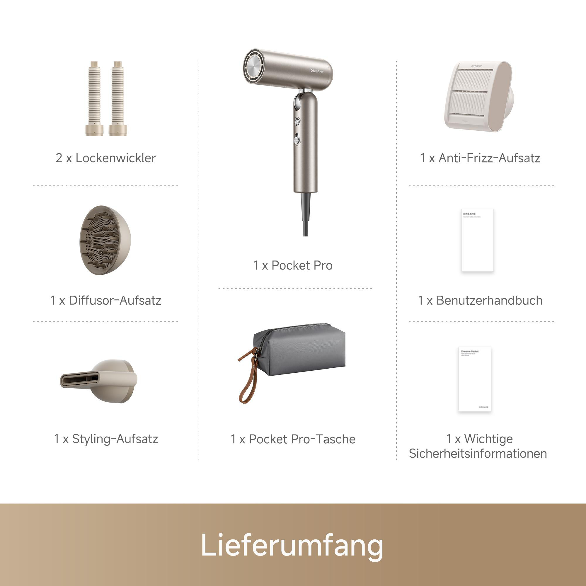 Lieferumfang: Haartrockner, Aufsätze, Tasche und Handbücher.