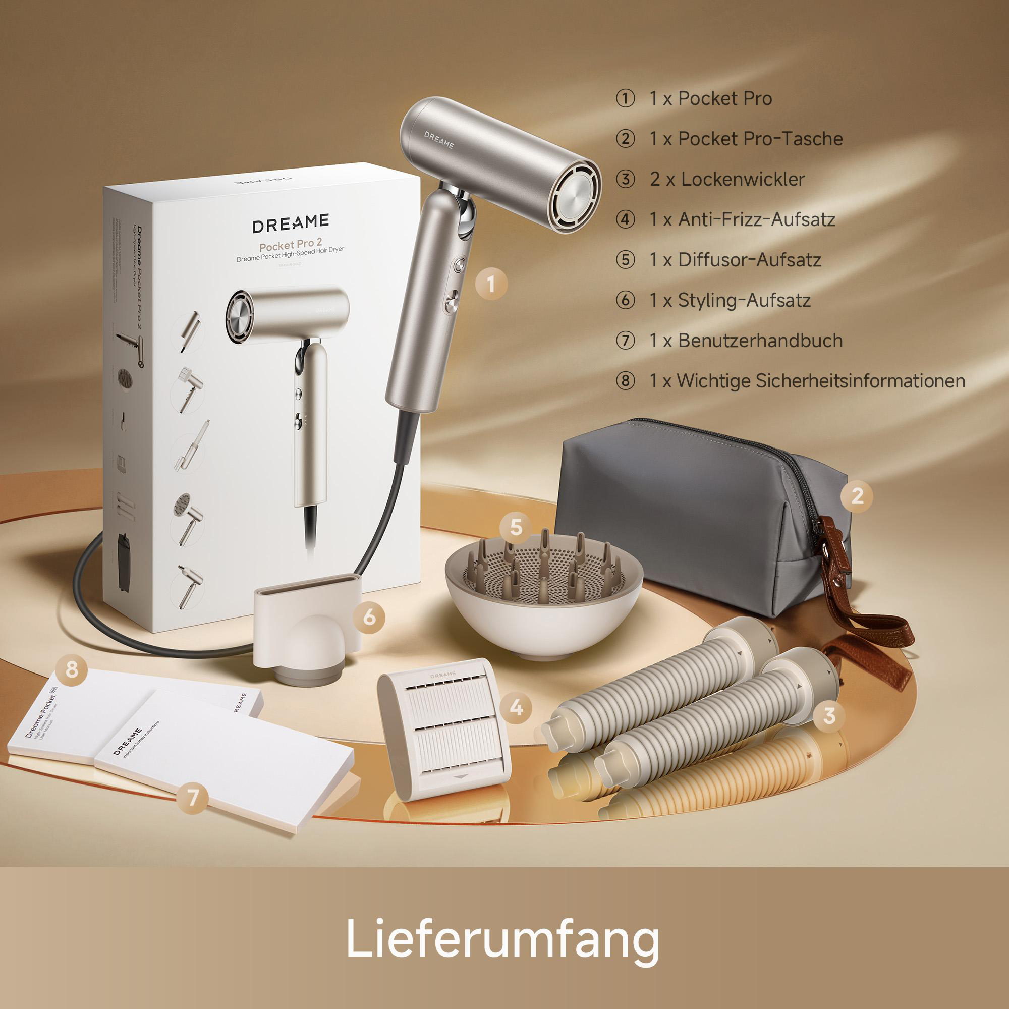 Der Lieferumfang des Haartrockners mit Zubehör, darunter Aufsätze und eine Tasche.