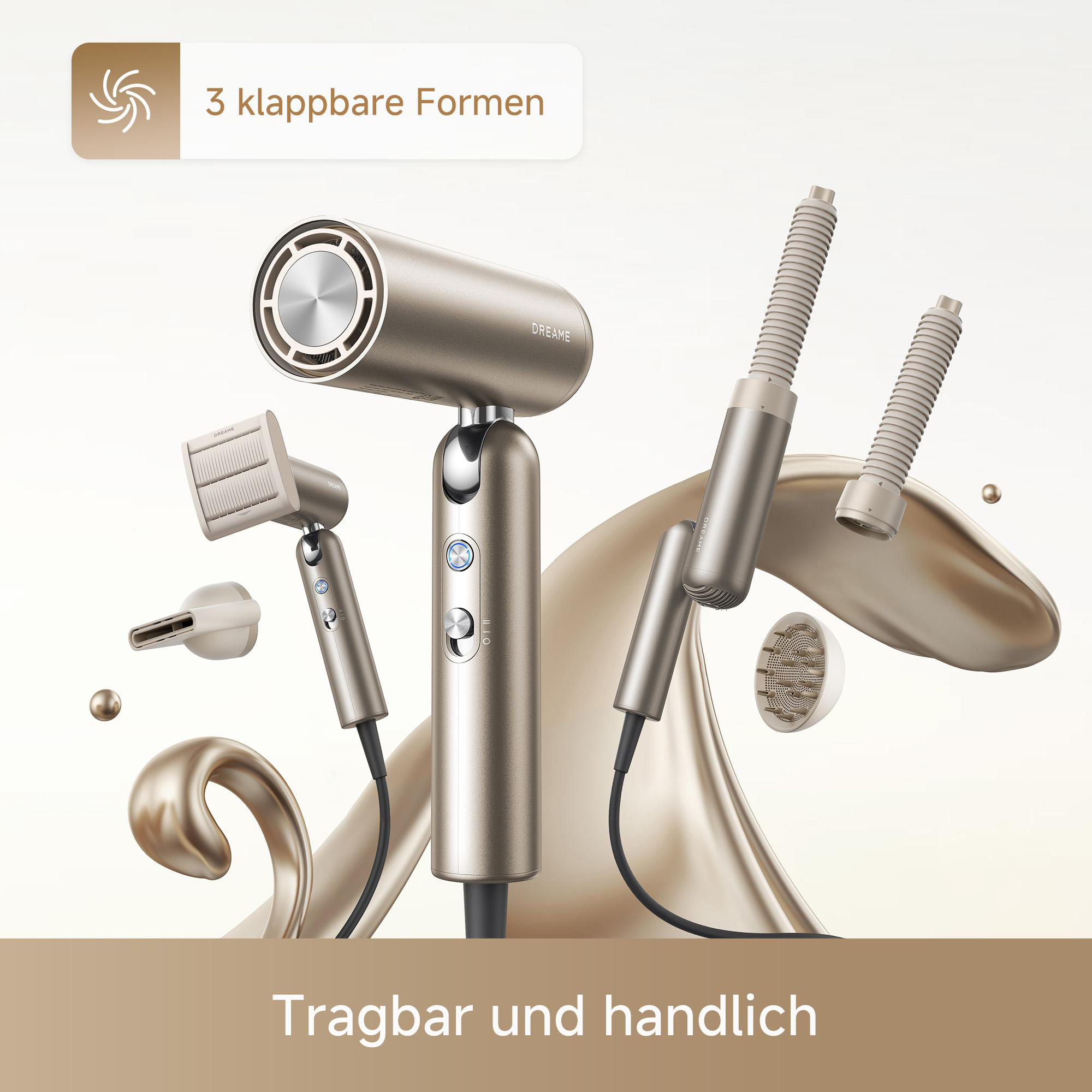 Goldener Haartrockner mit verschiedenen Aufsätzen, umgeben von glänzenden Bändern.