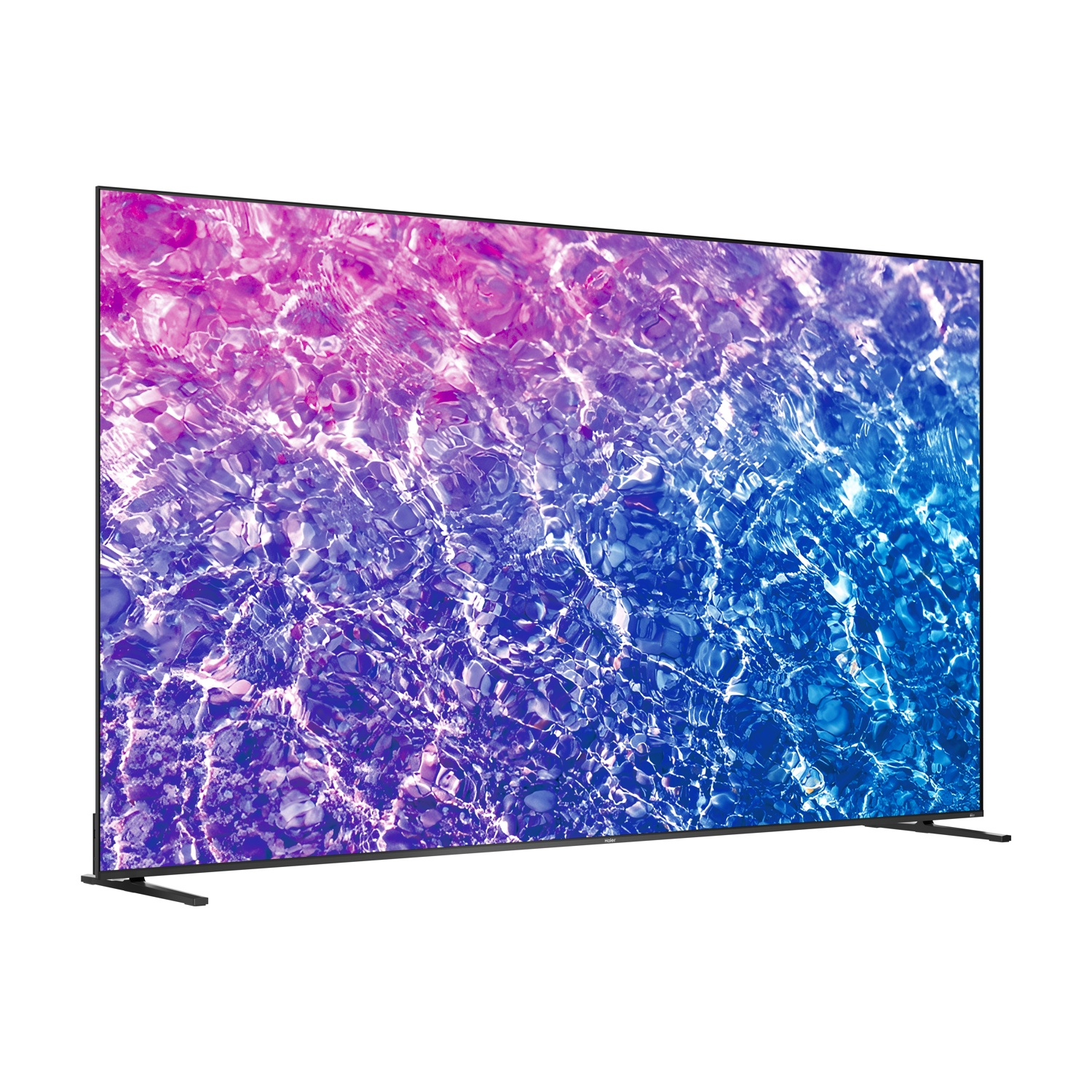 Una TV moderna a schermo piatto che mostra un'immagine degradata di acqua dal rosa al blu.