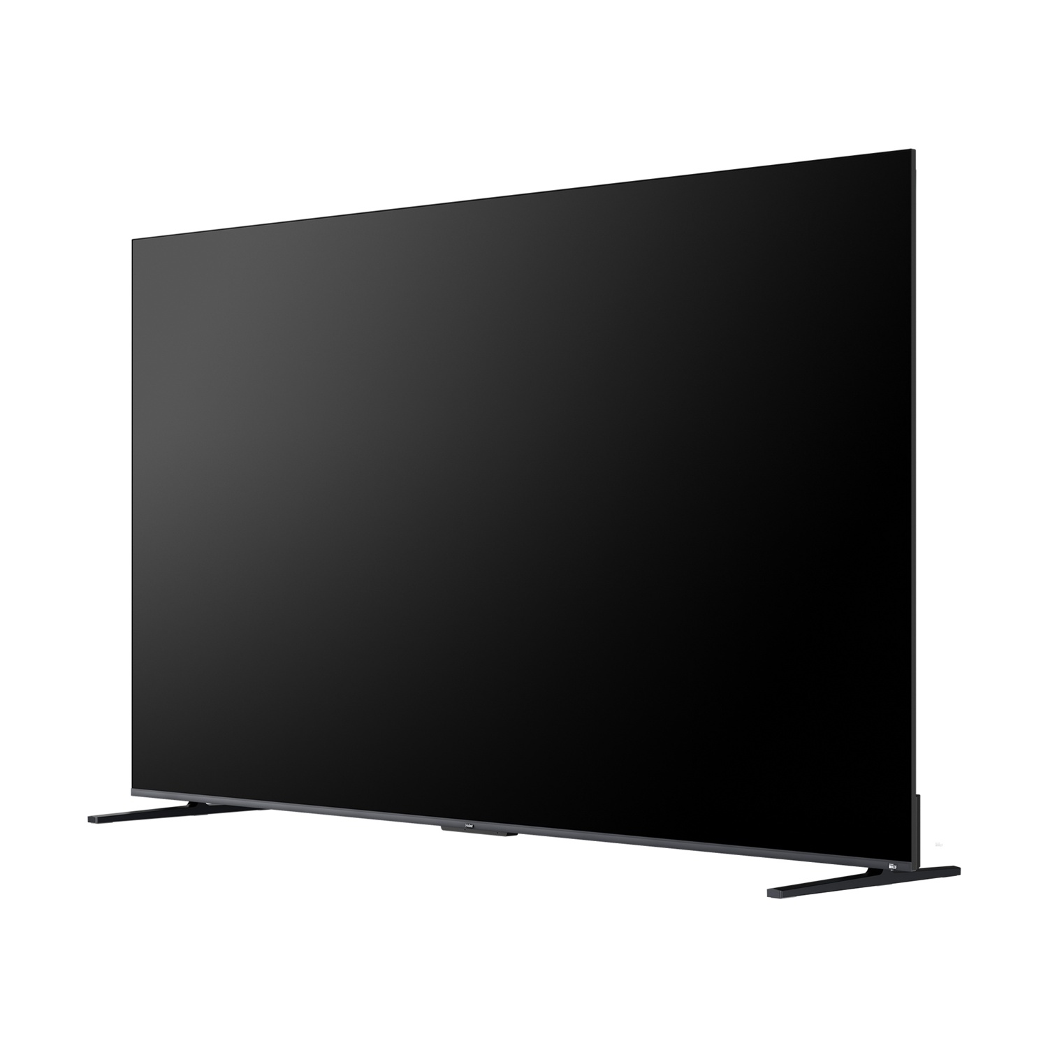 Una moderna TV a schermo piatto, nera, con cornice sottile e due piedini stretti.
