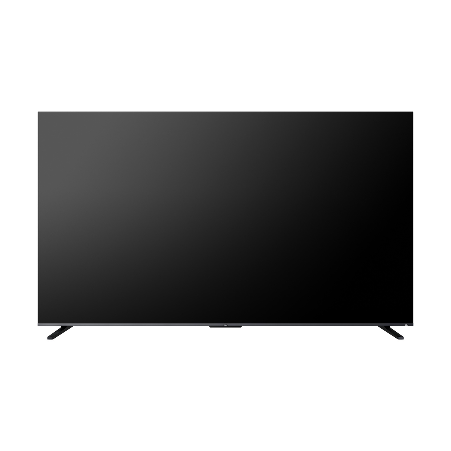 TV moderno a schermo piatto nero con cornice sottile e due gambe strette.